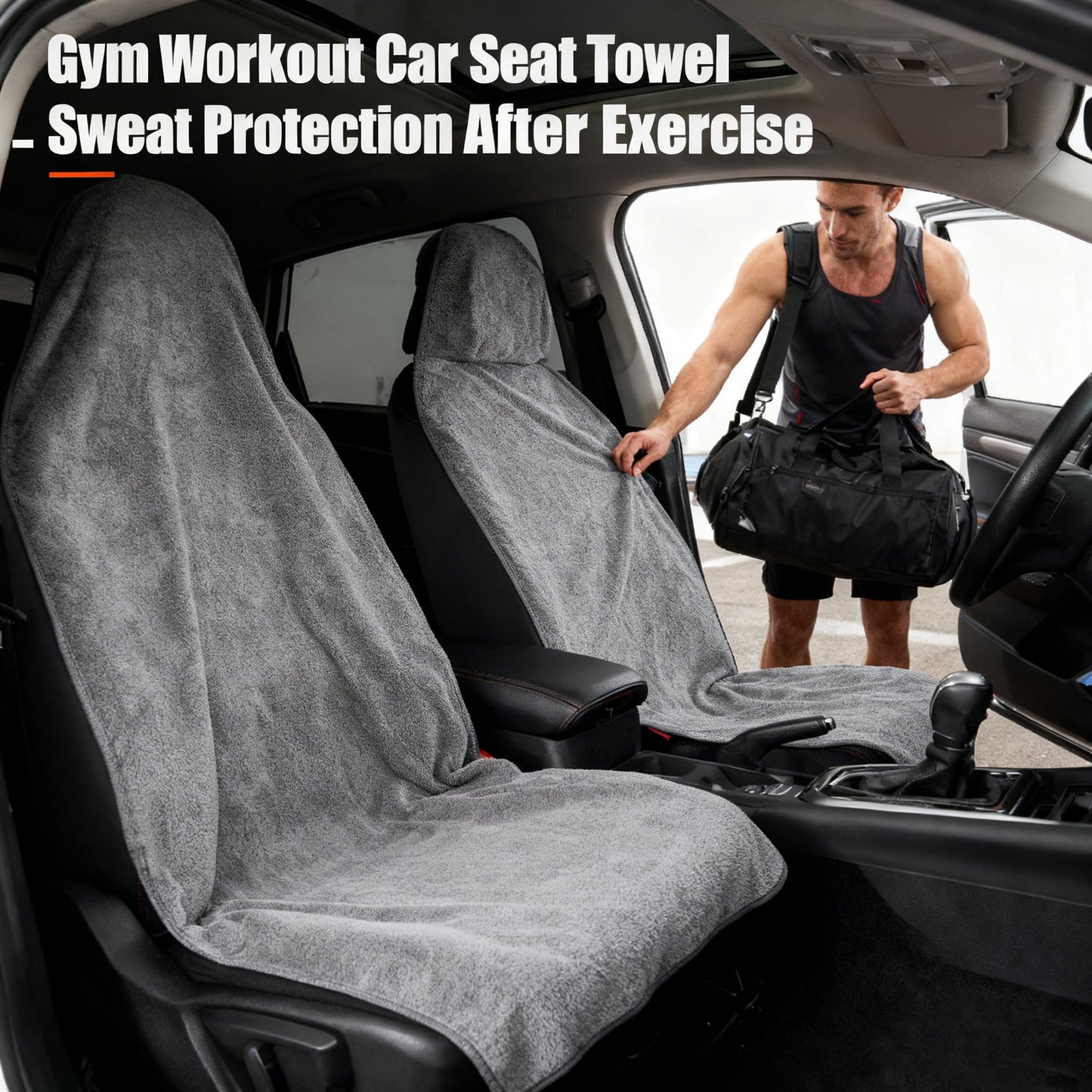 Movetility Waterproof 2 Pack Car Seat Towel Cover After Gym, Sweatproof Universal Fit Towel Seat Covers Washable Non-Slip Front Towel Bucket Seat Protector for Cars SUVs Vans Trucks(Black,2-Pcs)