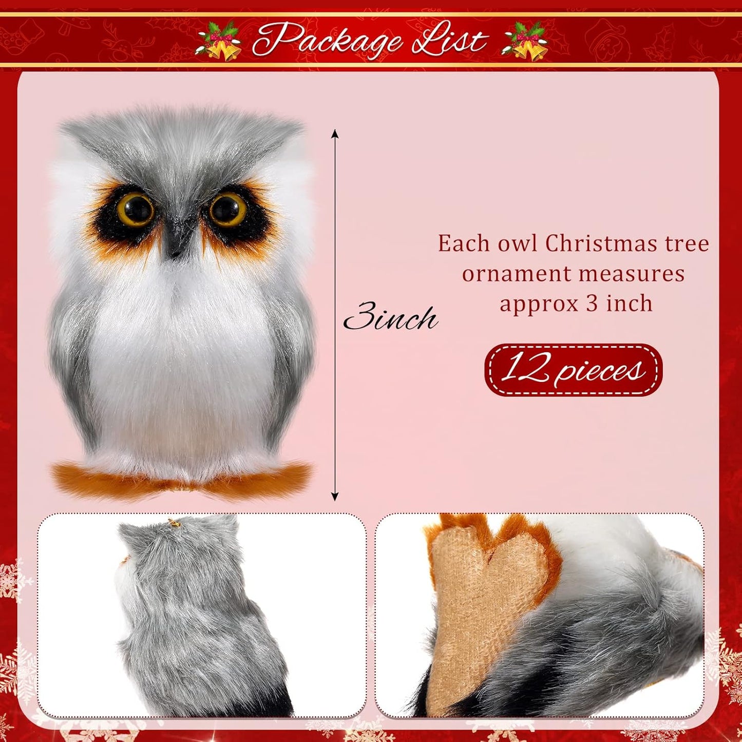 Sratte Christmas Owl Ornament - Cute Furry Hanging Decorations for Tree | 12 Pcs White Set