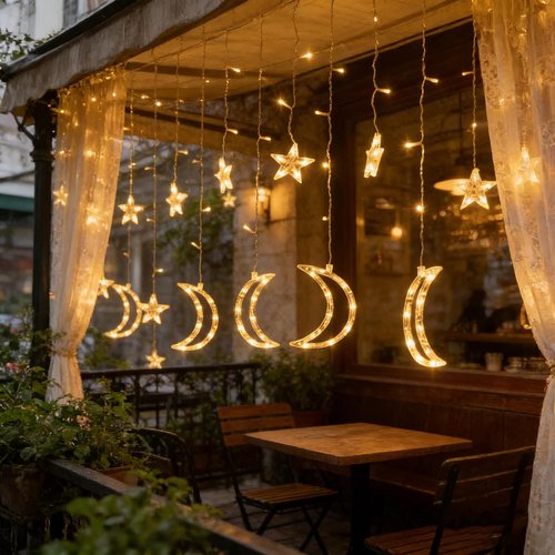 Dazzle Bright Ramadan Curtain String Lights - 138 LED Warm White Star & Moon Design | 8.2 FT Waterproof with Timer & 8 Modes
