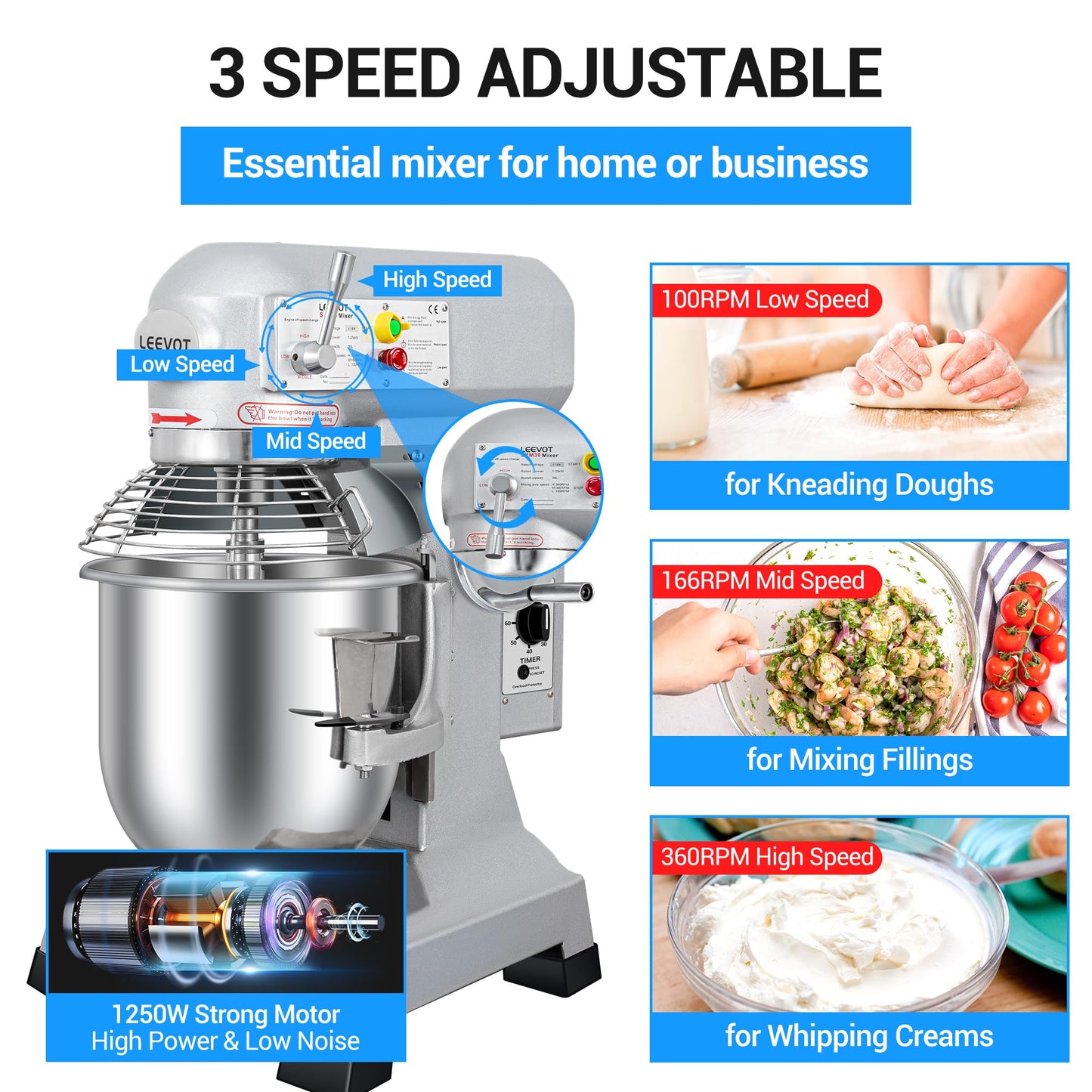 LEEVOT Commercial Mixer 30QT, Heavy Duty Stand Food Mixer, 3-Speed Adjustable Electric Dough Mixer with Stainless Steel Bowl for Home Bakery Pizzeria Restaurant 120V 60HZ