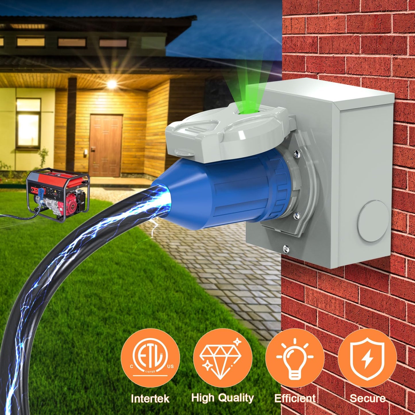 50 Amp Generator Cord and Power Inlet Box, 30FT 4 Prone RV Extension Cord, 125/250V NEMA 14-50P Male to SS2-50R Twist Locking Connector, STW 6/3+8/1 AWG, Transfer Switch for Home Generator