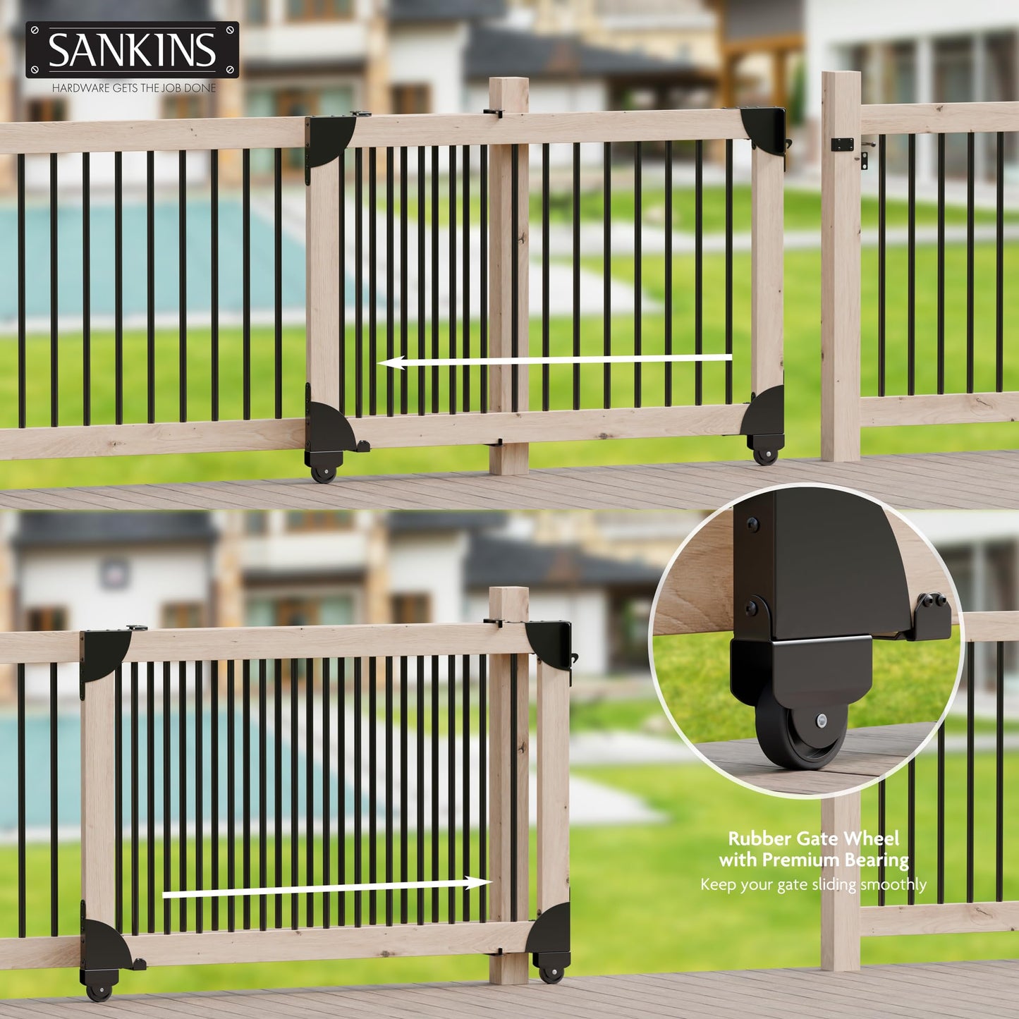 SANKINS Heavy Duty Sliding Gate Kit, Adjustable Sliding Gate Hardware Kit for Wood Fence, Anti Sag Gate Kit Gate Corner Brace Bracket with Gate Latch, Fence Gate Kit for Driveway Gates, Pool Gates