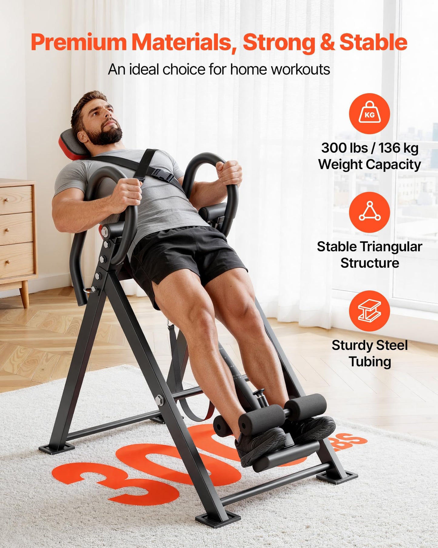 VEVOR Inversion Table, 300 lbs Capacity Heavy Duty Inverted Table, Back Inverter Stretcher with Dual-Roller Locking, Decompression Tables for Shoulders, Neck, Back, Multi-Angle Adjustable Tether Strap