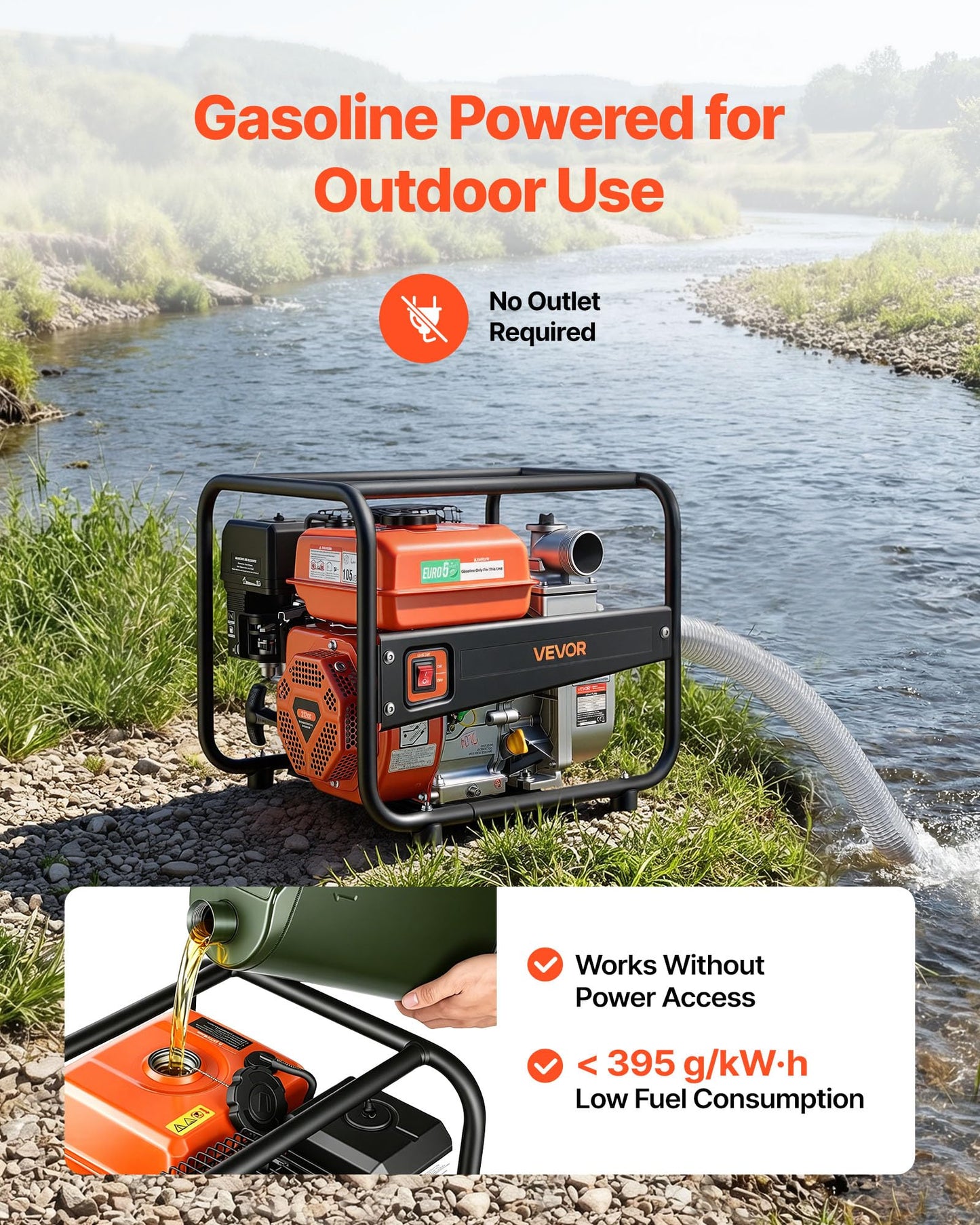 VEVOR Gas Powered Water Pump, 2 in, 158 GPM 7HP Semi Trash Water Transfer Pump Portable, Gasoline Engine with 25 ft Discharge Hose, Heavy Duty Frame, Cast Iron Impeller, for Irrigation, Ponds, Pools
