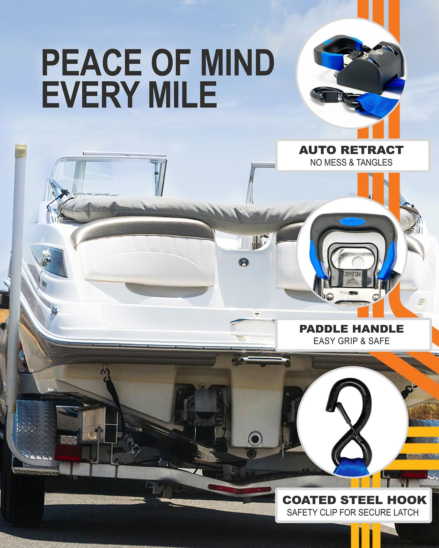 Strapinno 2PCS Stainless Steel Retractable Ratchet Straps (1 7/8 in x 4 ft) Heavy Duty Transom Tie Downs with Extension Straps, Bolt Set & Safety Latch S-Hooks,for Boat,Break Strength 1,650 LBS/750KG