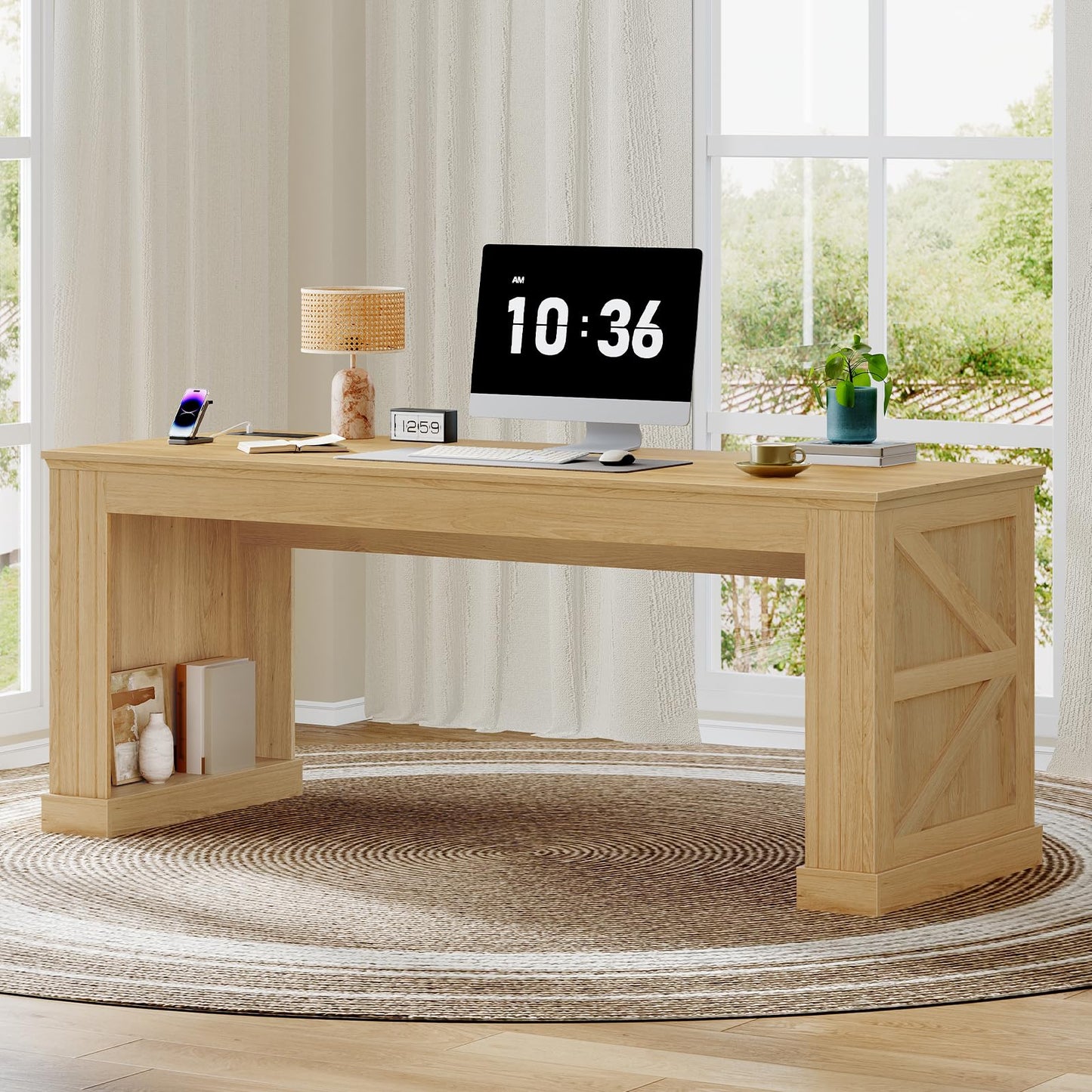 STHYTON 63-Inch Farmhouse Executive Desk, Long Computer Desk with Built-in Charging Station & Bottom Storage, Home Office Writing Study Desk for Bedroom, Living Room, Natural
