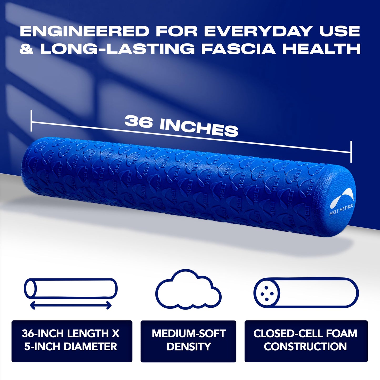 MELT Method 36 Inch Soft Foam Roller for Physical Therapy and Exercise Recovery - FasciaTherapy Technology - Low Density Exercise Foam Roller for Full Body Gentle Compression - Blue