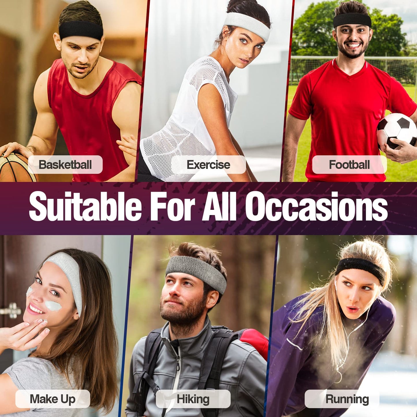 NONSTOP Mens Headband Sweatbands for Men Women, Sweat Wicking Head Bands Mens Sports Towel Headbands Cotton Terry Cloth Sweat Band for Tennis, Basketball, Running, Gym, Workout, Exercise