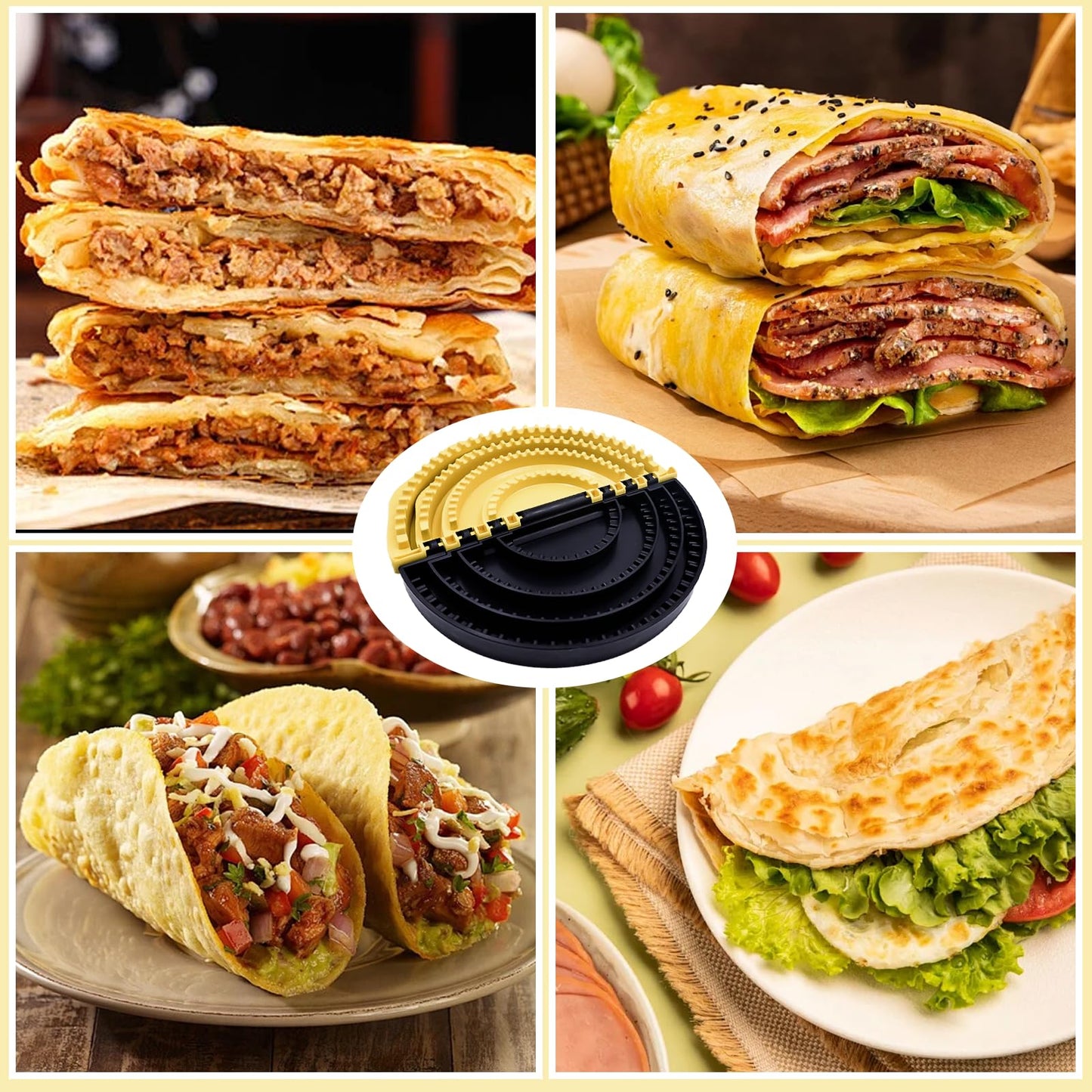 Tortilla Sealer Crimper Press - 4-in-1Quesadilla Maker for 4, 6, 8, 10 Inch Multi-Size Quesadilla Crimper | Burrito Maker for Large Batches, Tacos & Empanadas | BPA-Free & Dishwasher Safe