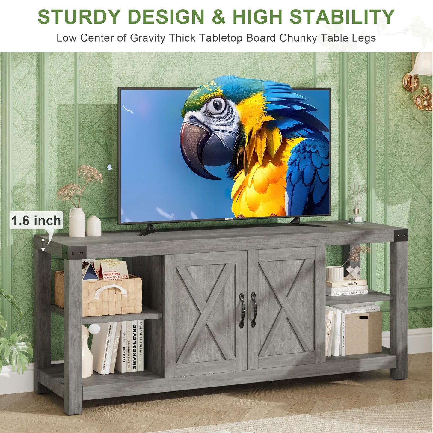 Garvee TV Stand for 65'' TV, Farmhouse Entertainment Center with Storage, 60'' TV Console Table with Shelves, Modern Media Console Cabinet with Doors, Wooden TV Stand for Living Room, Bedroom, Grey