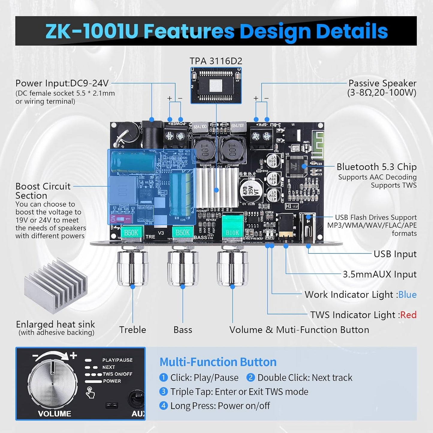 ZK-1001U 5.3 100W 9-24V Amp Bluetooth Mono Amplifier Board with TWS, Mini Audio Amps with Boost for Home Outdoor DIY