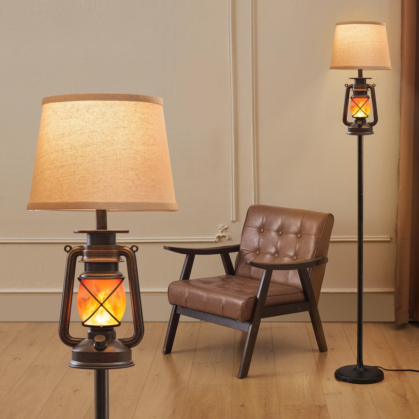 LEDIARY LED Flashing Flame Lantern Floor Lamp, Rustic Bronze, Beige Linen Shade, Ideal for Living Room and Bedroom Decor
