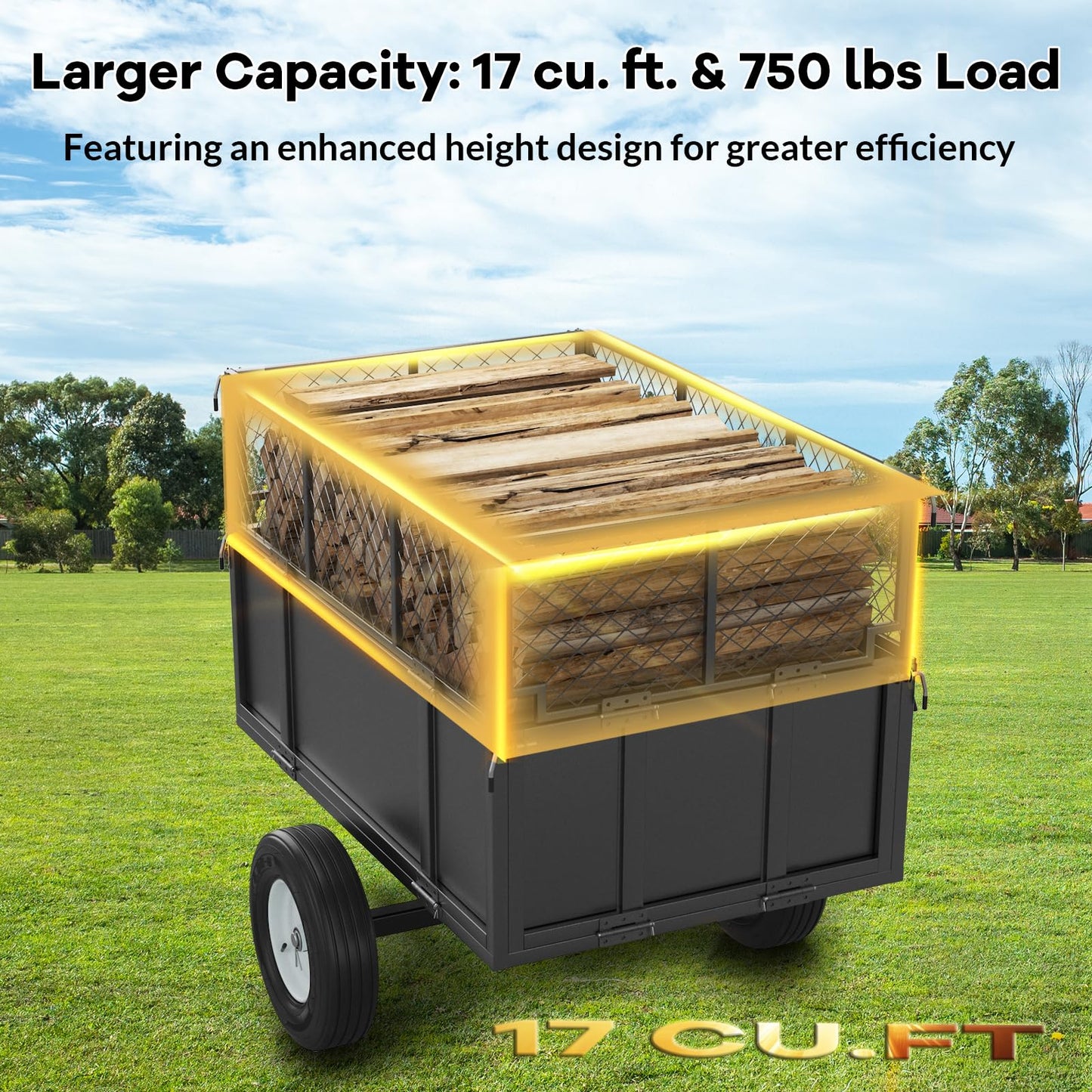 17 Cu.ft Heavy-Duty Steel Dump Trailer Cart, 750 Lb Capacity Tow-Behind Utility Trailer with Removable Mesh Sides & Pneumatic Tires for ATV, UTV, Lawn Tractor, Yard & Farm Hauling, Black