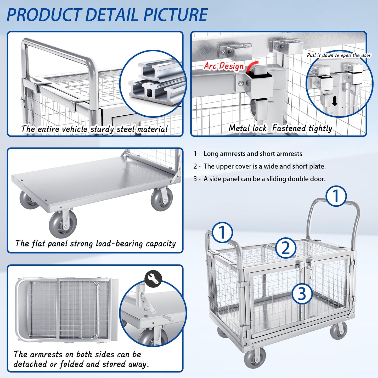 Upgrade Platform Truck with Cage, Mutipurpose 7-in-1 Heavy-Duty Utility Cart,2-Door Design Foldable Flatbed Cart with Industrail Wheels, Rmovable Fence, Load 2000lbs for Grocery/Laundry/Stall/Storage