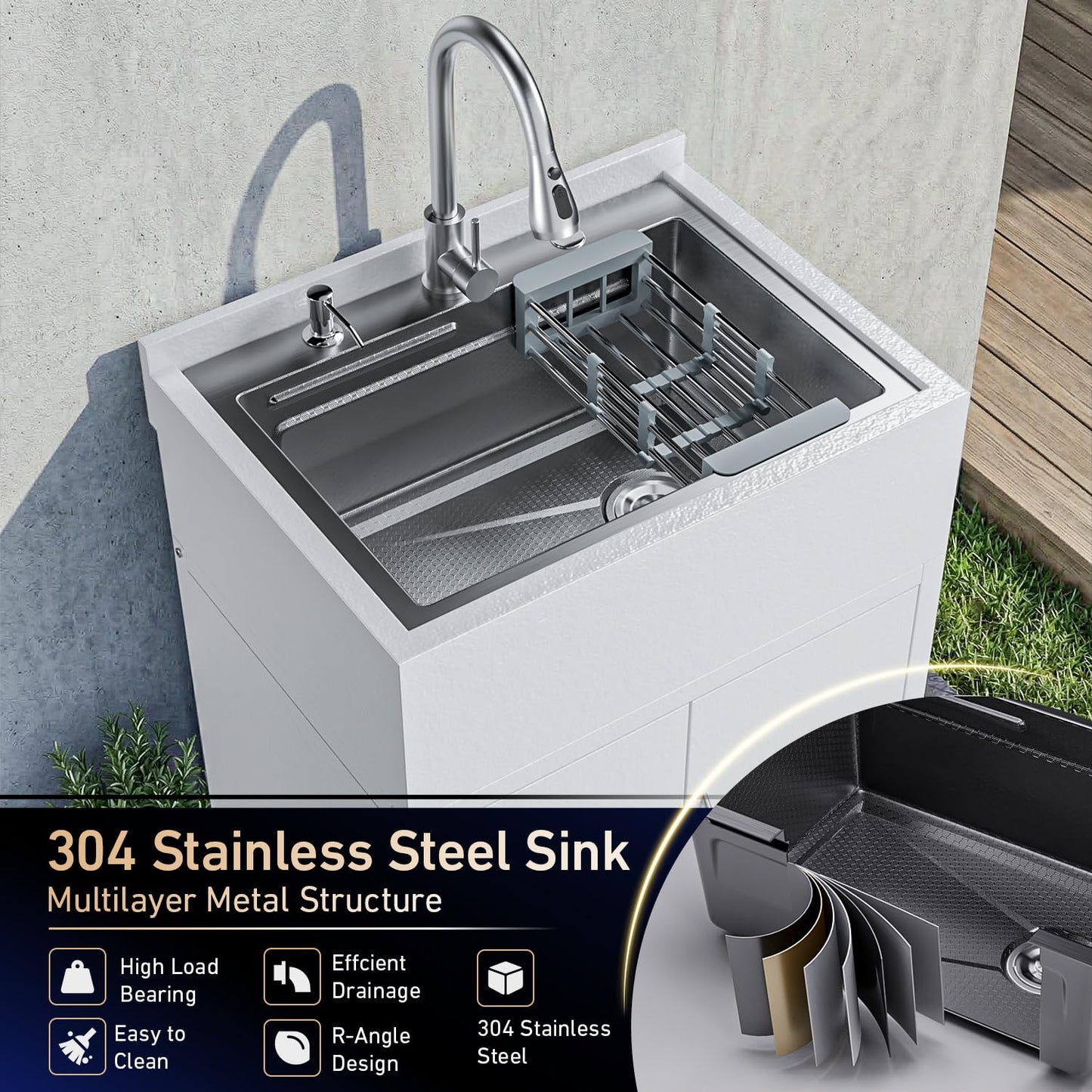 Laundry Sink with Cabinet, 26-Inch Wider Stainless Steel Utility Sink, Full Body Heavy Duty Design for Kitchen, Bathroom, Garage & Multi-Use Applications