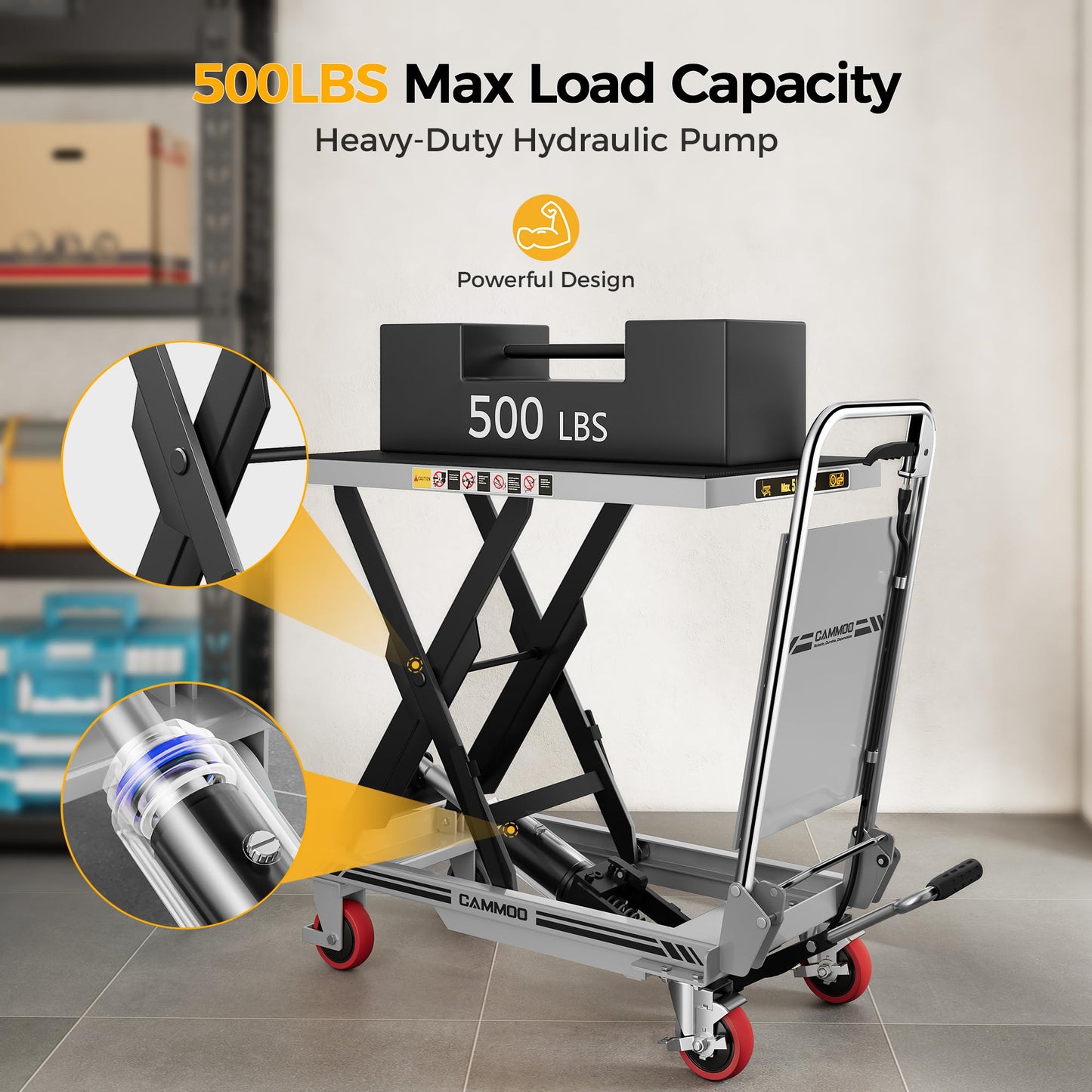 CAMMOO Hydraulic Lift Table Cart, 500lbs Capacity, 28.5" Lifting Height, Single Scissor Lift with Non-Slip Pad & Safety Guard Foldable Handle for Material Handling and Transportation, Gray