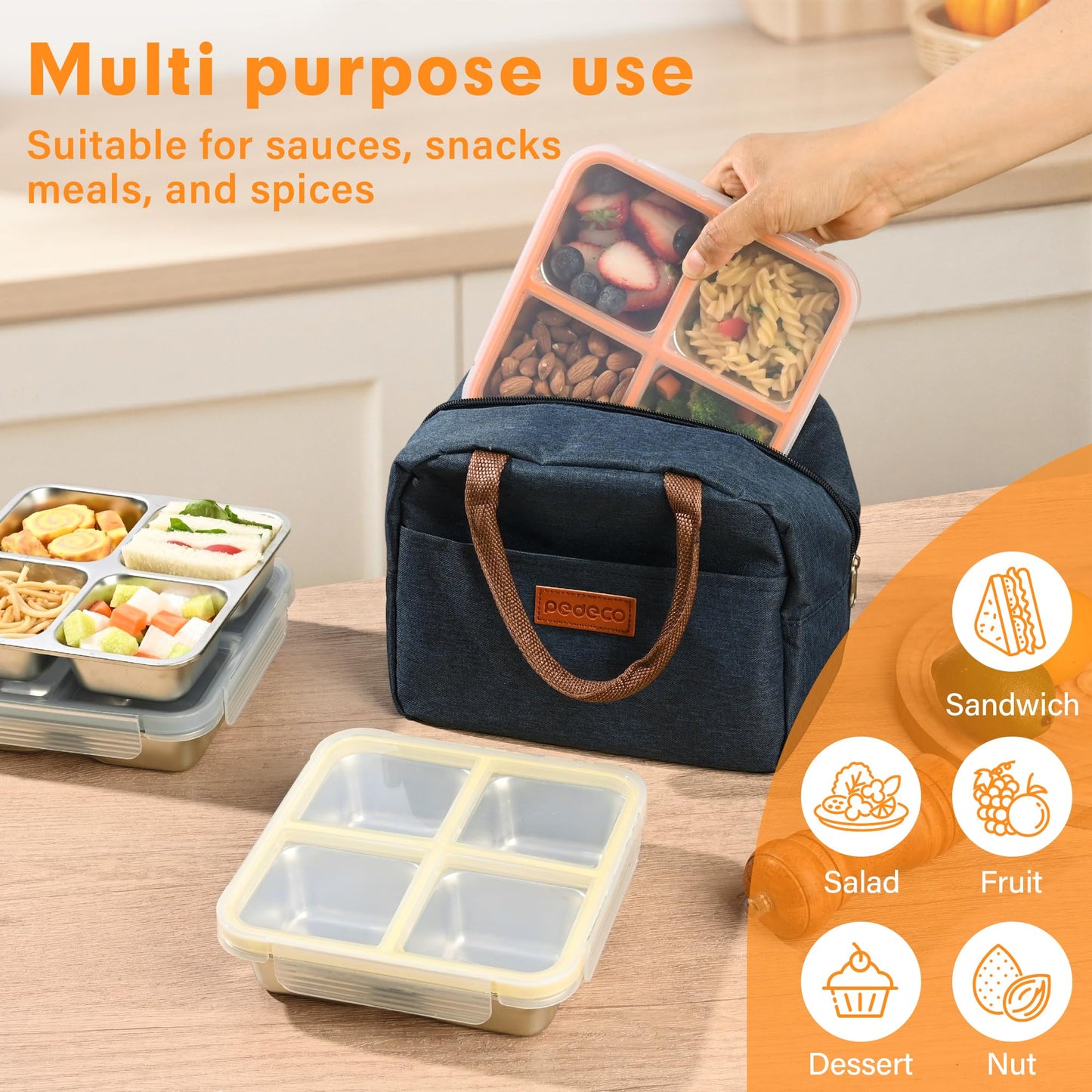 4 Pack Stainless Steel Snack Containers with Lids, Leakproof 4 Compartment Bento Lunch Boxes, Reusable Metal Meal Prep Food Storage Containers, Dishwasher Safe for Work, Travel, Picnic (4pack-A)