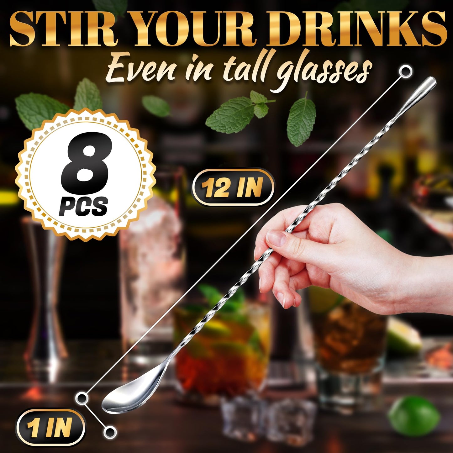 8 Pcs Bar Spoons Set – 12'' Long Handle Drink Stirrer with Twisted Spiral Design – 304 Stainless Steel | Long Spoons for Stirring Cocktails, Coffee, Milkshakes, Smoothies | Home & Coffee Bar Use