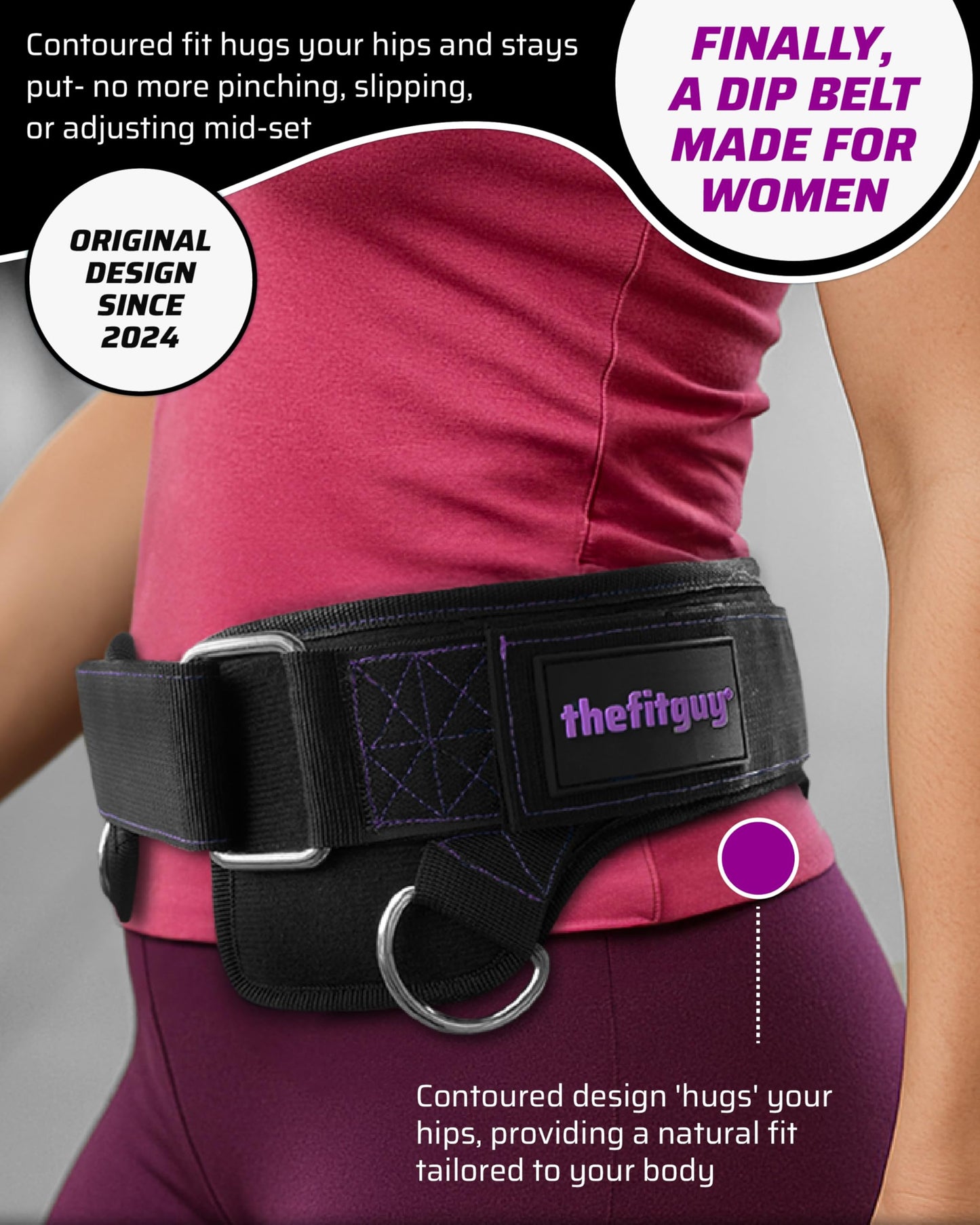 THEFITGUY Women’s Weighted Dip Belt – Contoured No-Pinch Fit for Dips, Pull-Ups & Squats | Designed for Women’s Hips | Sleek Black with Purple Stitching, Secure Buckle, 2 Straps & Hooks Included