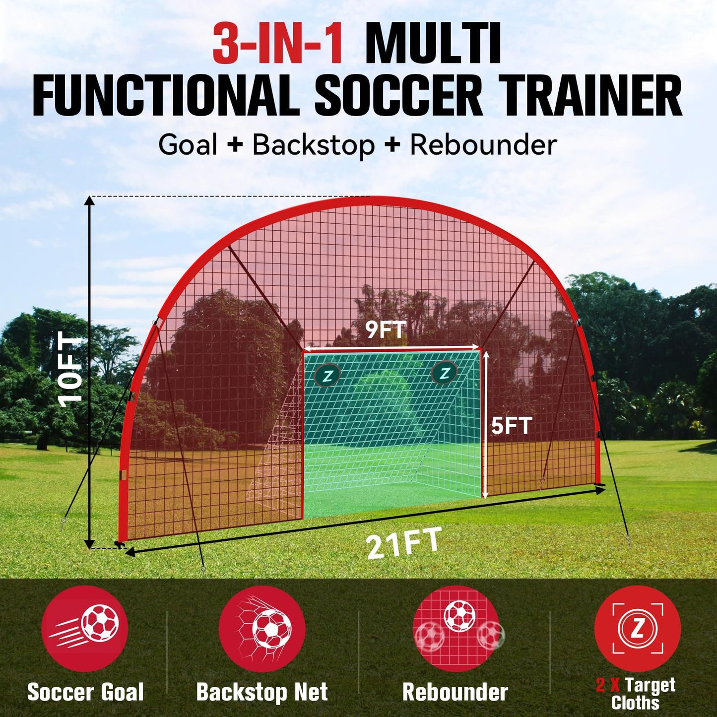 ZEALFEEL 3-in-1 Soccer Goal with Backstop Net & Rebounder, 21x10ft Soccer Rebounder Net with 2 Targets, 36-Strand PE Net, Soccer Training Equipment for Shoot Pass Ball Control Backyard Game