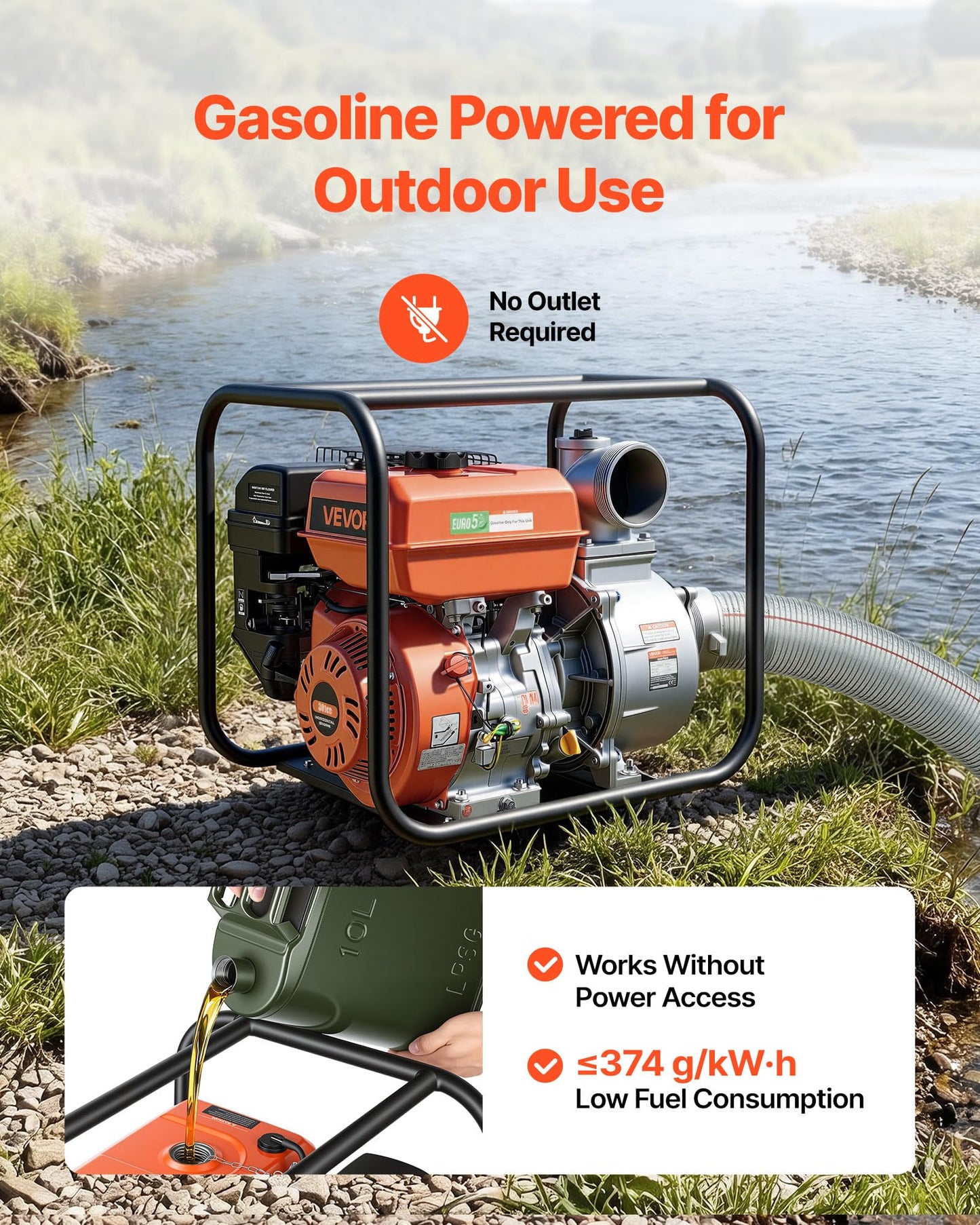 VEVOR Gas Powered Water Pump, 4 in, 422 GPM 8.3HP Semi Trash Water Transfer Pump Portable, Gasoline Engine with 25 ft Discharge Hose, Heavy Duty Frame, Cast Iron Impeller, for Irrigation, Ponds, Pools