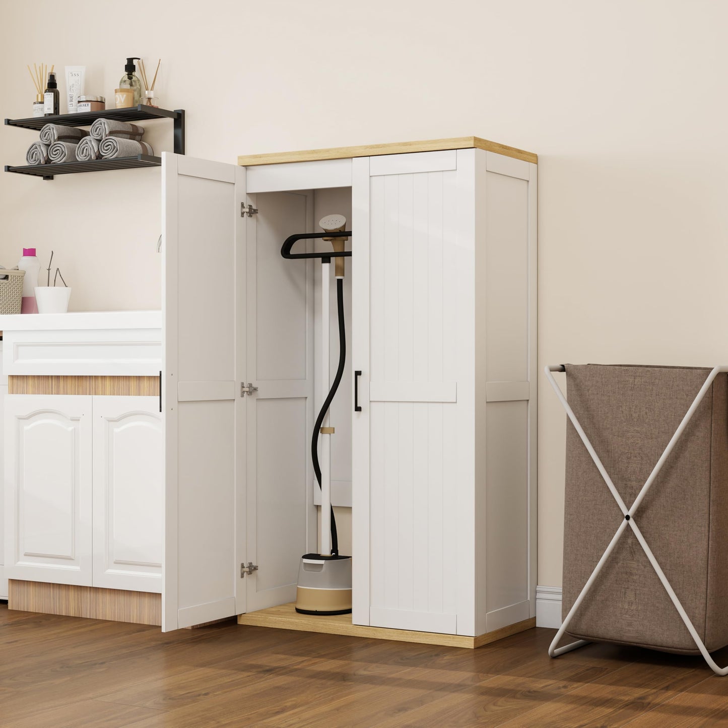 OQSC Wooden 55" Tall Broom Closet Storage Cabinet for Vacuum Cleaner & Floor Scrubbers with 2 Doors and Adjustable Shelf, Cleaning Supply Cabinet with Bottom Openwork for Laundry Room, Garage