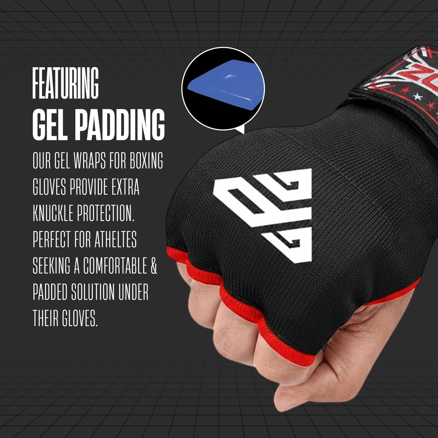 ZORQ Gel Boxing Hand Wraps Inner Gloves - Quick Padded Knuckle Protection Under Mitts for Men & Women - Semi-Elastic Wrist Support for MMA, Muay Thai, Kickboxing & Martial Arts (Red, Large)