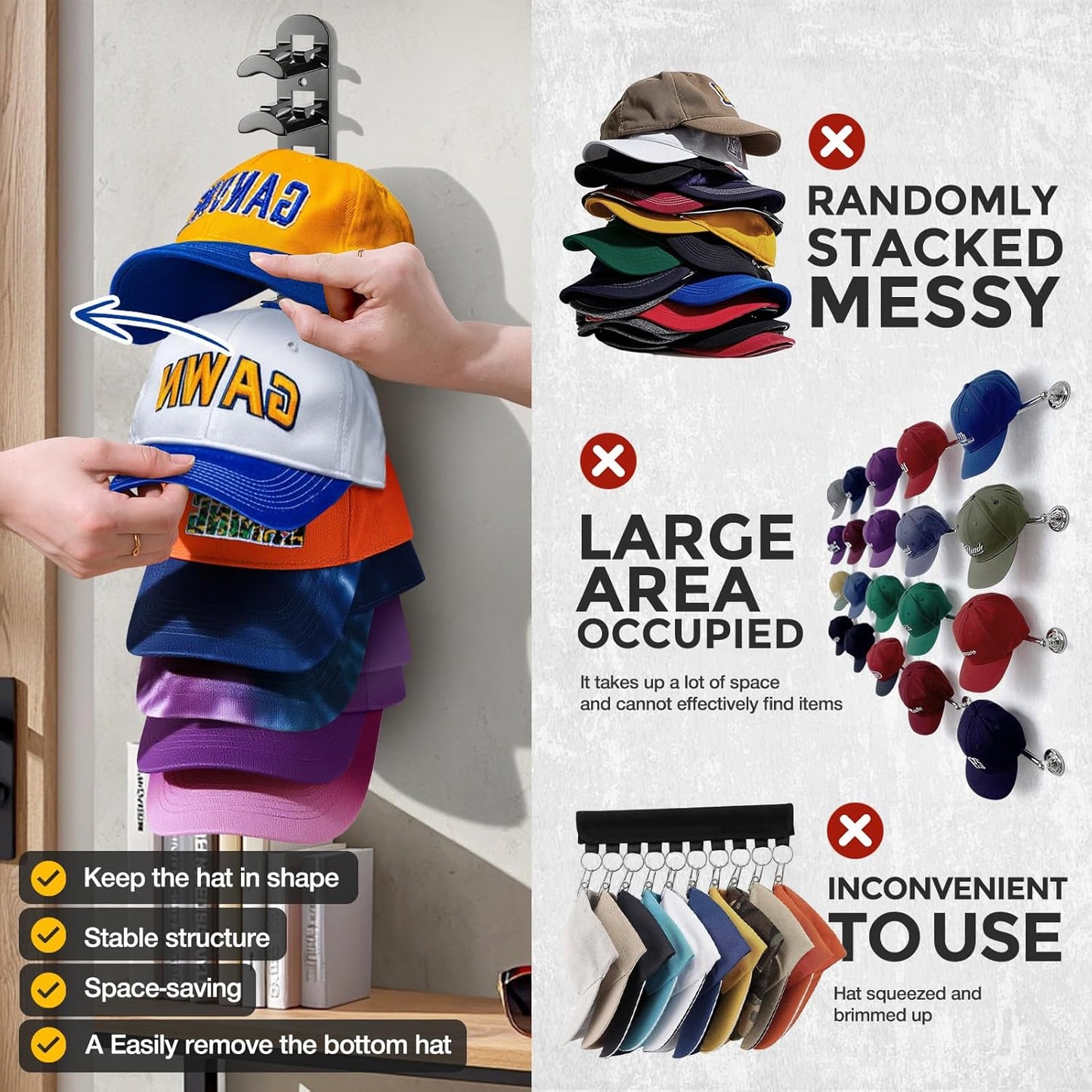 Skiennix Hat Hook Organizer - Holds Up to 20 Hats | Strong Adhesive & 8 Screws Included - Black