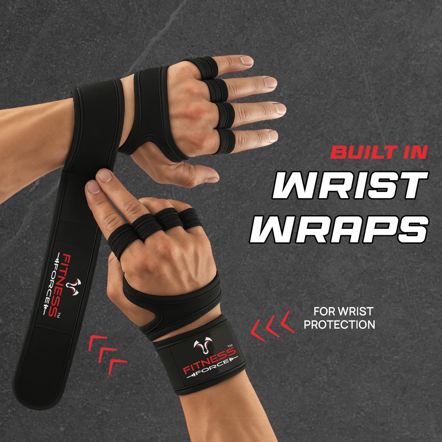 FITNESS FORCE Ventilated Weightlifting Gloves Workout Gloves for Men & Women with Built-in Wrist Wraps Fingerless Gym Gloves for Men Perfect for Exercise Fitness, Weight Lifting, Cross Training