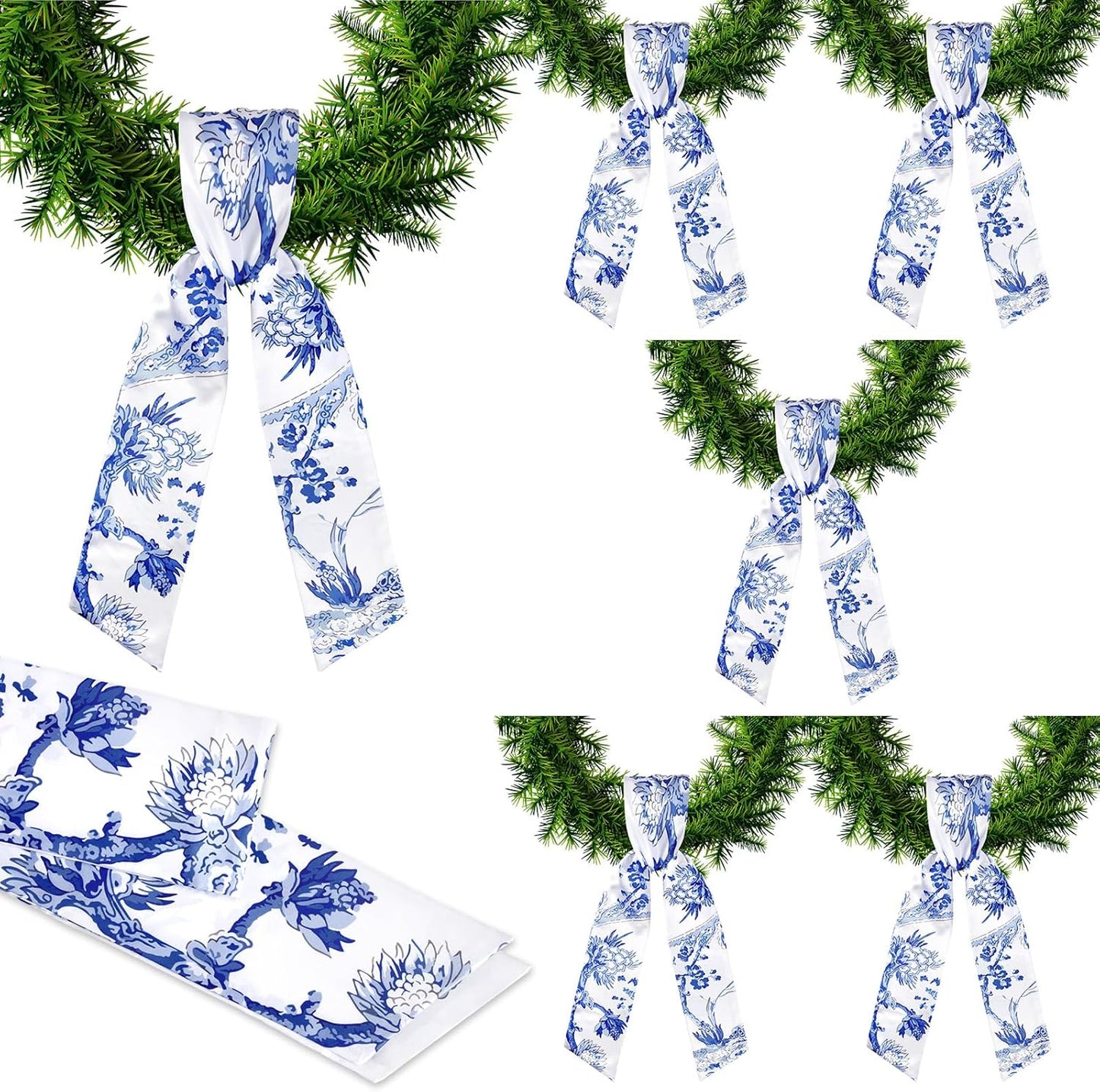 XunYee Wreath Sash Set - 6 Pcs Embroidered Monogram Decor for Indoor/Outdoor Use | Chinoiserie Design