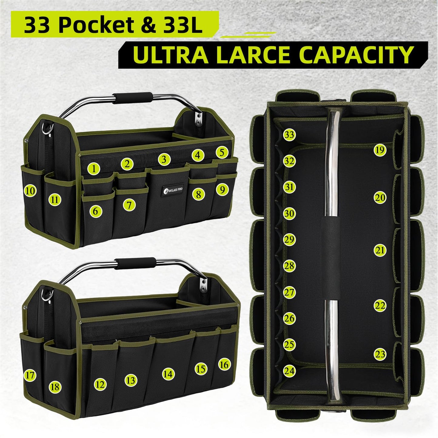 WILAXI PRO 20in Foldable Open Top Tool Bags For Men Heavy Duty, Tool Carrier hard With Handle, Wide Mouth Electrician Tool Tote, Many Pockets Can Hold Many Tool, Green