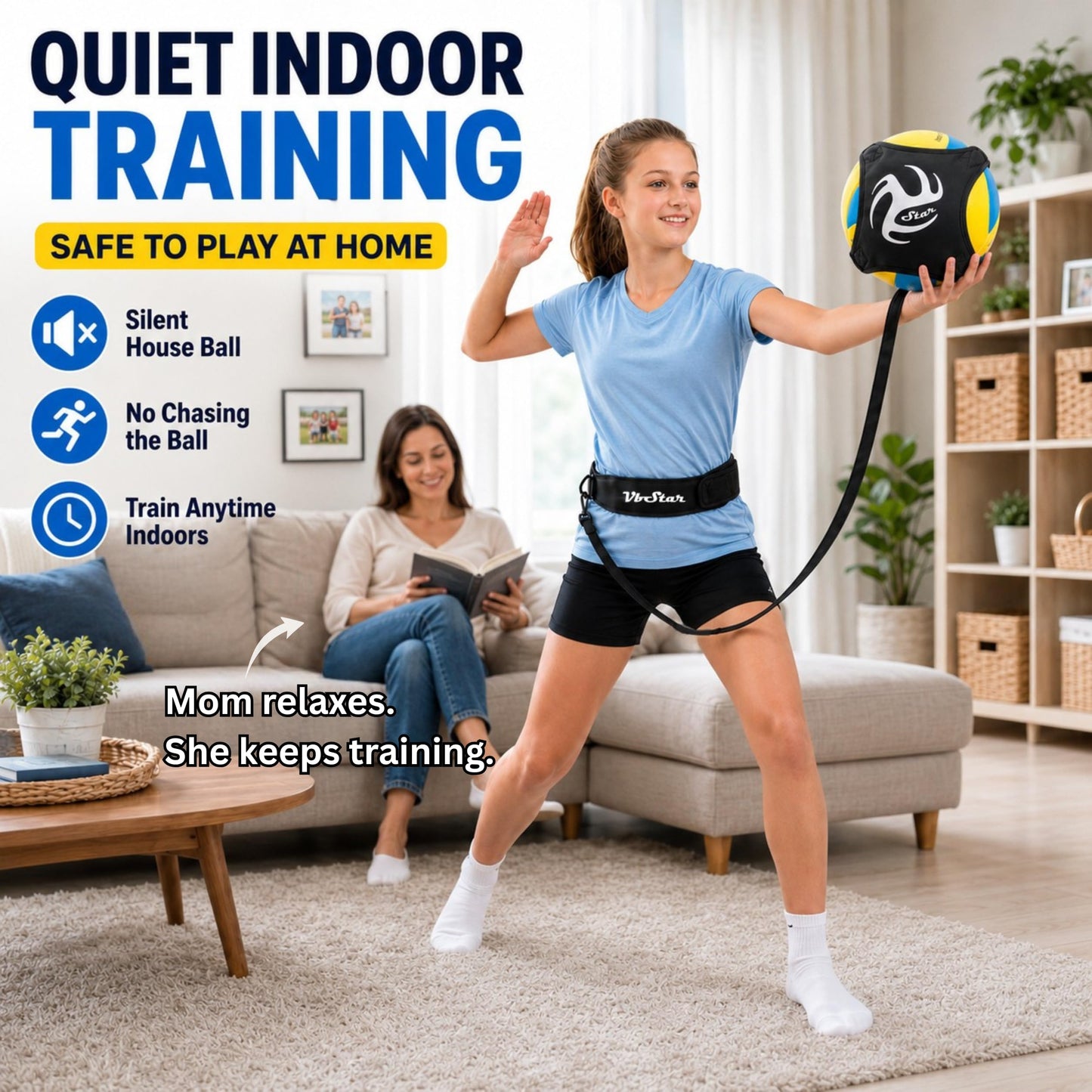 VbStar Volleyball Trainer with Silent House Ball – Indoor Practice Training Set with Serve Trainer Belt and Quiet Indoor Volleyball for Beginners & Advanced Players