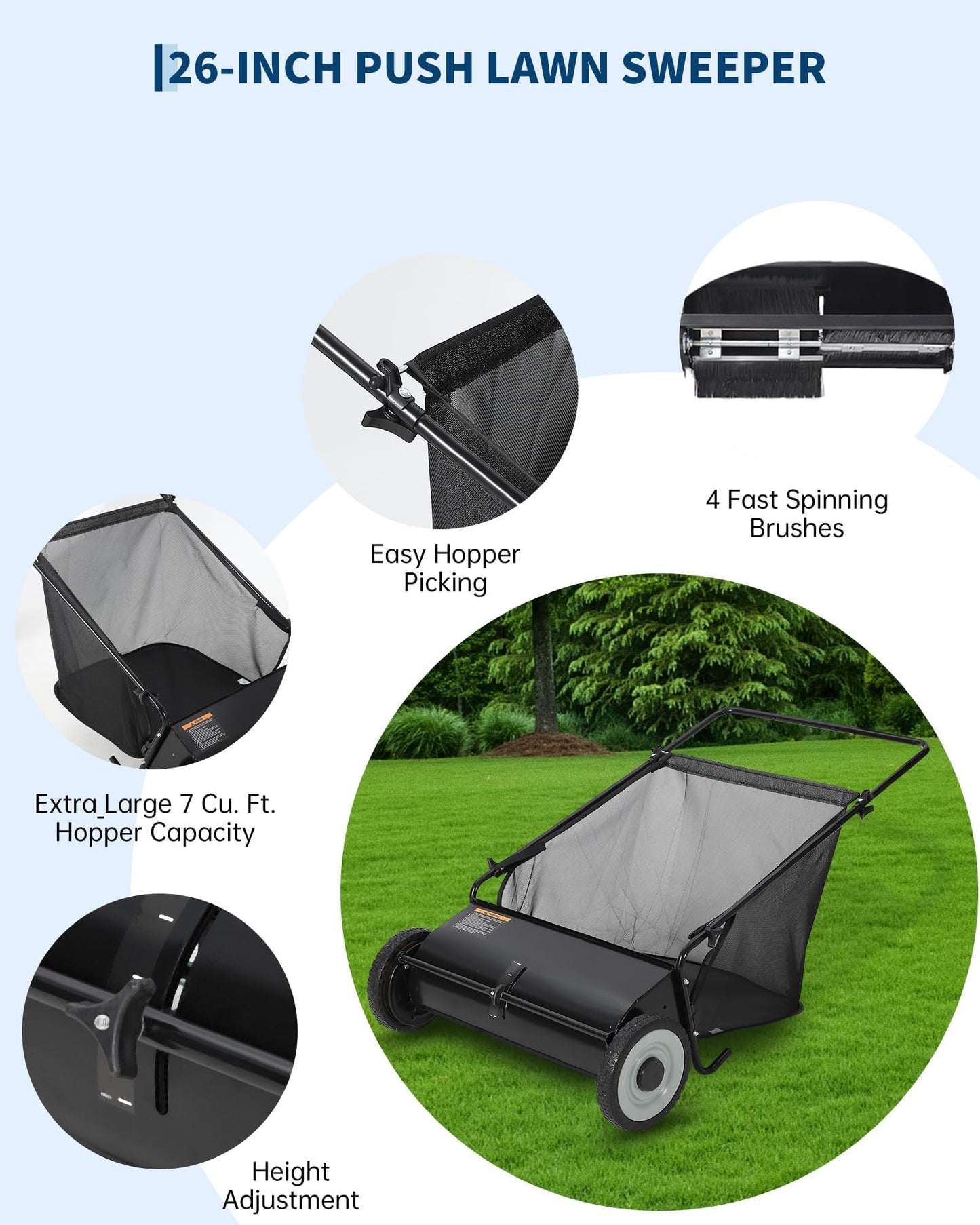 26-Inch Push Lawn Sweeper – 4 Fast Brushes, 7 Cu.ft Collector, Adjustable Height – Durable Steel Frame – Manual Hand-Push for Yard, Garden, Patio & Driveway Cleanup