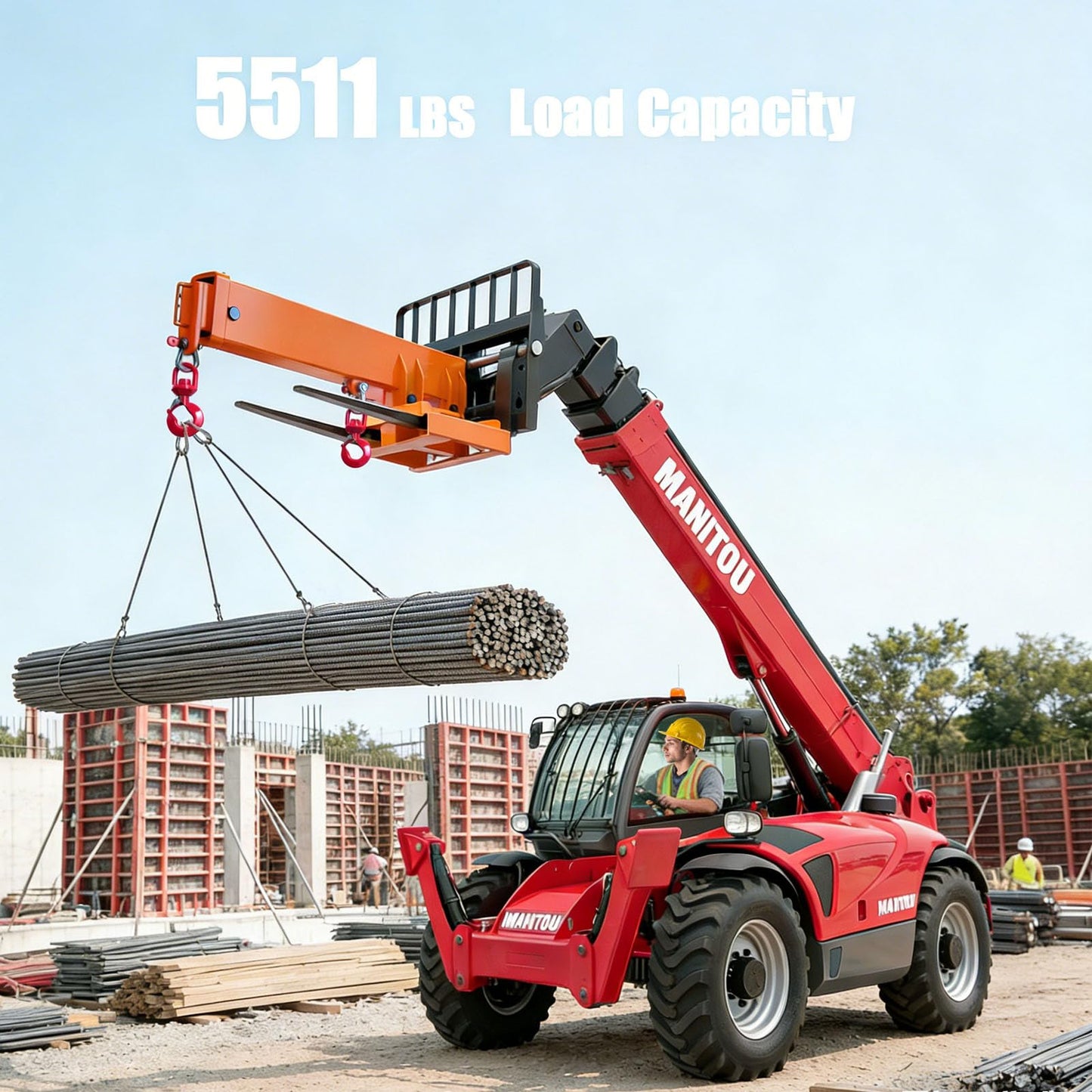 Jib Crane 5511 Lbs Forklift Boom Lift Fork Mounted Crane Attachment with Adjustable Holes Heavy Duty Steel Construction 2 Swivel Hooks 3 Angle Adjustment 28”to 79.92”