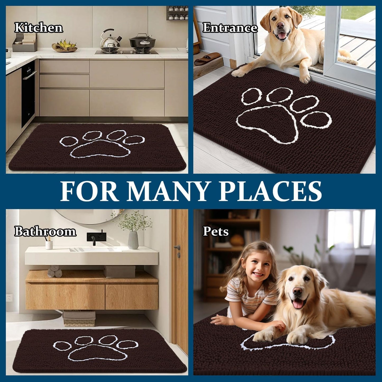 OLANLY Dog Door Mat - Absorbent Non-Slip Mud Mat for Muddy Paws | 70x32 Paw Print Design, Quick Dry Brown