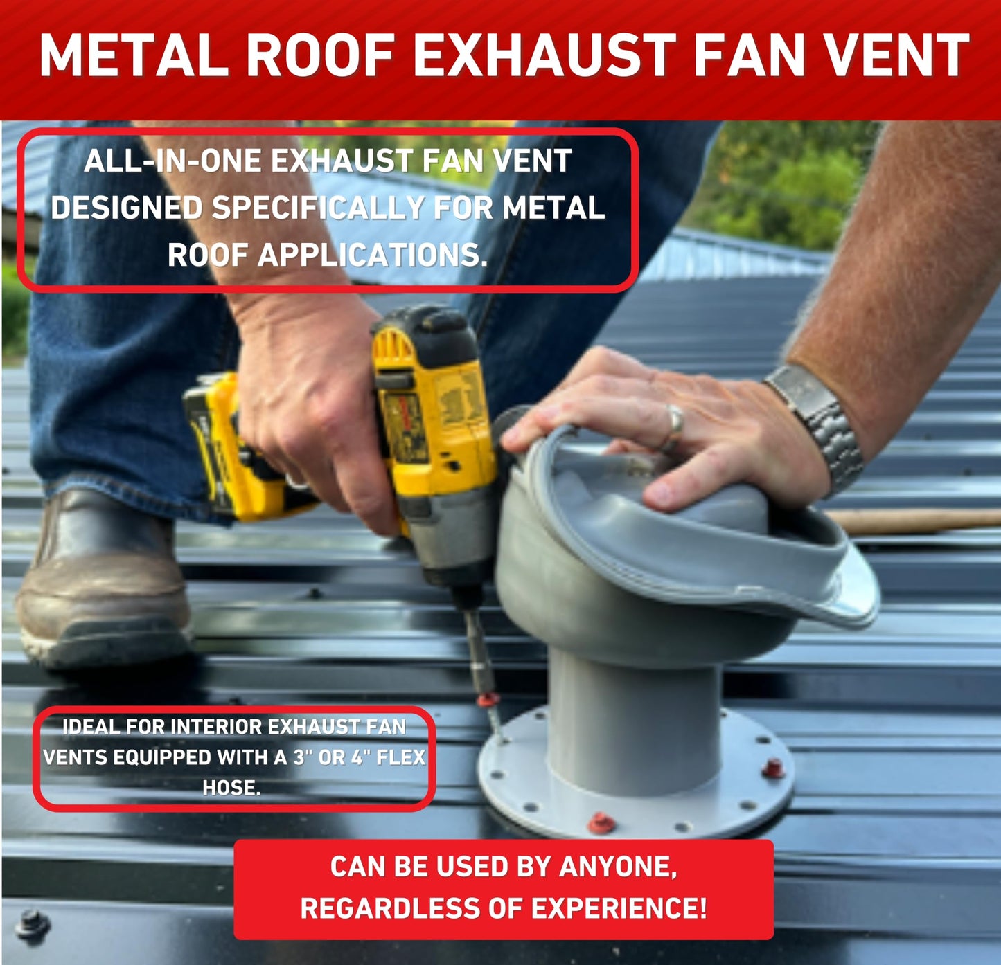 Covent Metal Roof Exhaust Fan Vent for 3"-4" Flex Hose Exhaust - Full Installation Kit and Adapter Included (Black)