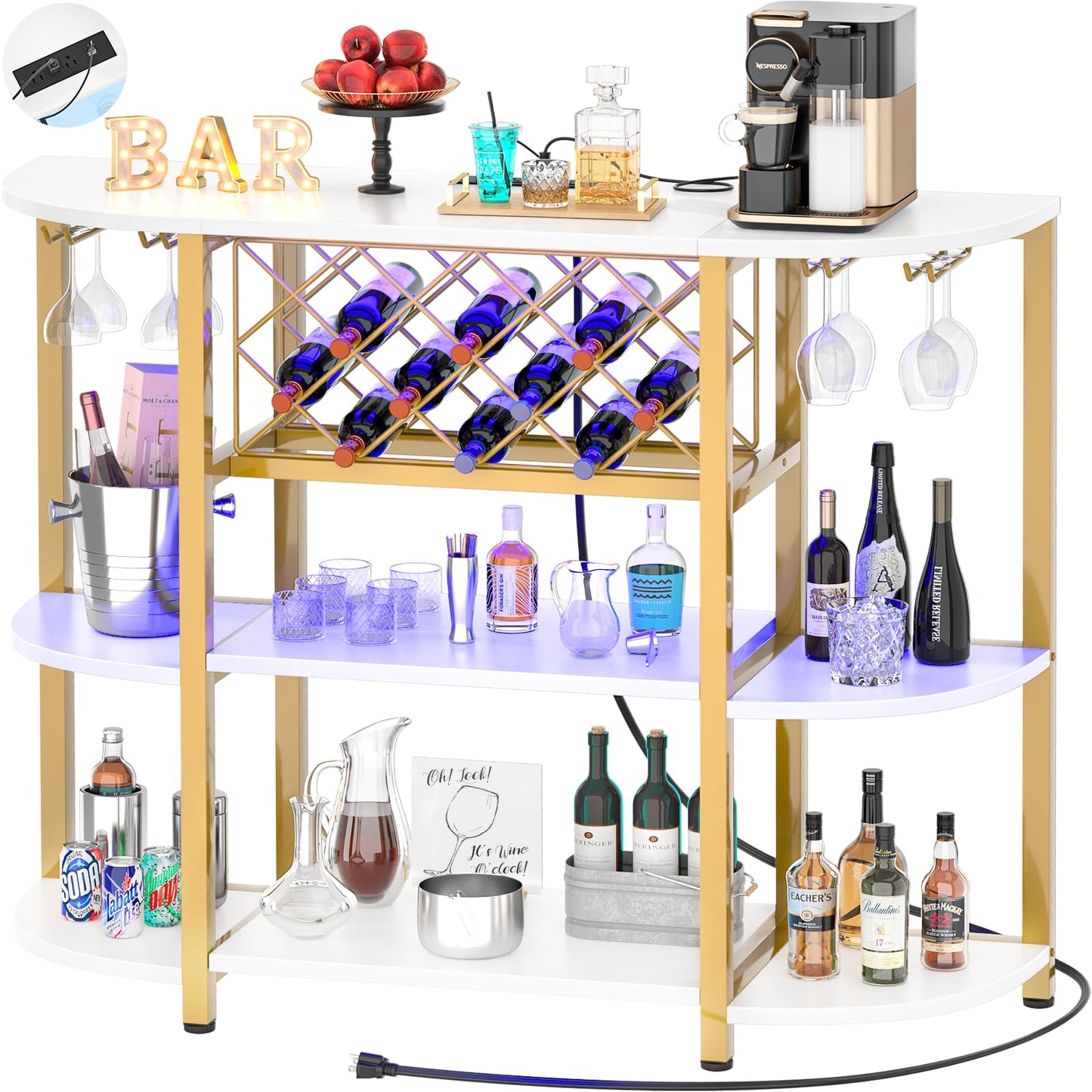 Unikito 4-Tier Metal Coffee Bar Cabinet with Outlet and LED Light, Freestanding Floor Bar Table for Liquor with Glass Holder and Wine Storage, Wine Bakers Rack for Kitchen Dining Room, White and Gold