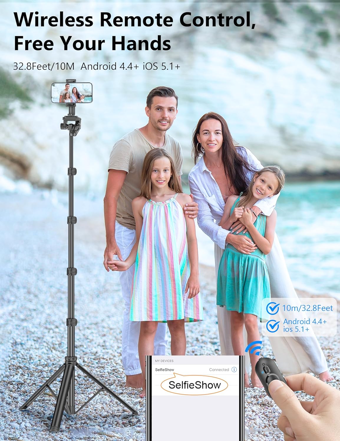 SelfieShow 72" Phone Tripod & Selfie Stick, Extendable Cell Phone Tripod Stand with Detachable Remote&Phone Holder
