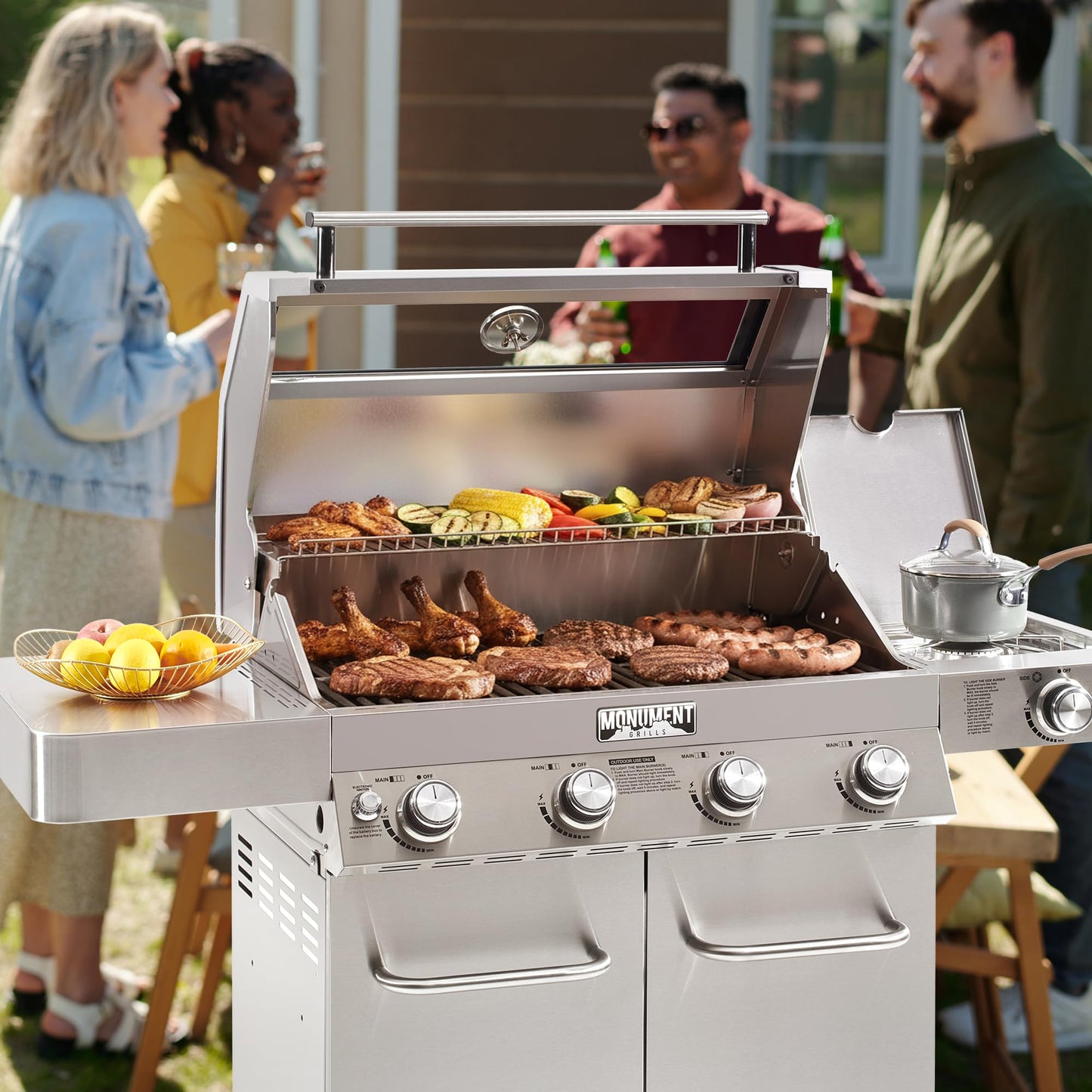 Monument Grills Larger Convertible 4 Burner Natural Gas Grill Stainless Steel Cabinet Style Propane Grills, LED Controls,Side Burner(Without Conversion Kit)