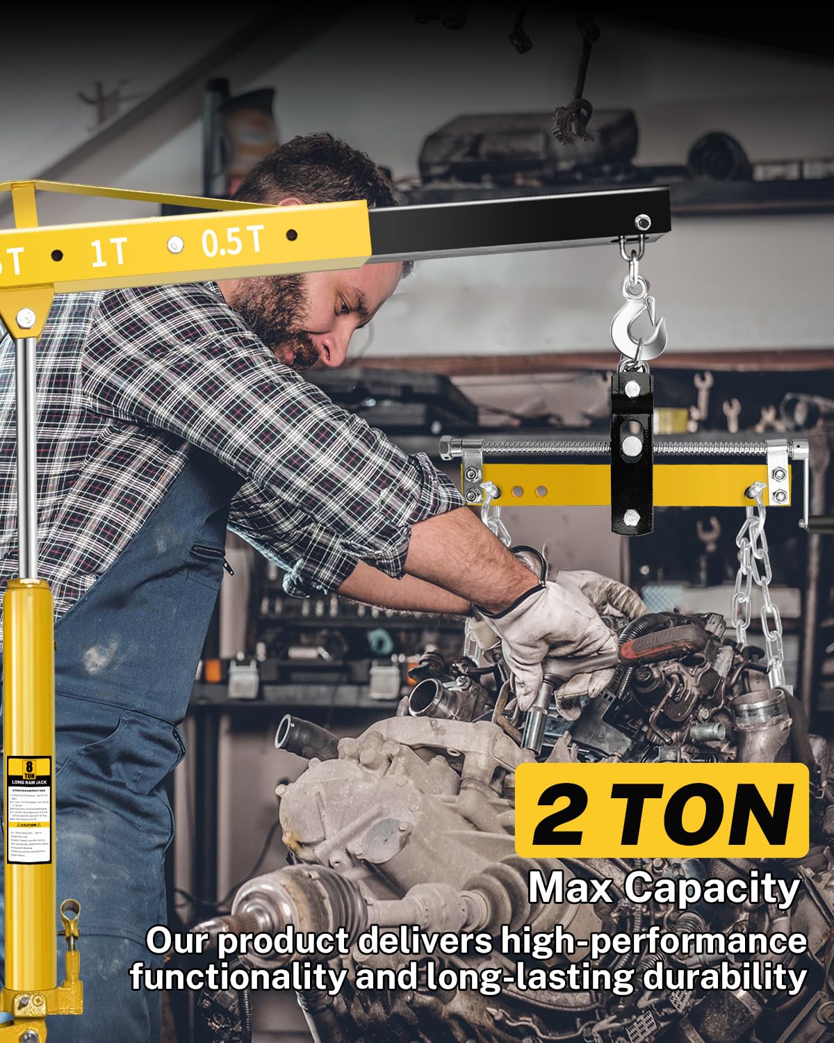 GarveeTech 2-Ton Folding Engine Hoist with Lever, Hydraulic Shop Crane with 6 Swivel Wheels & Adjustable Boom (0.5T-2T), Heavy-Duty Cherry Picker for Garage, Workshop, Truck, Farm (Net Wt. 168 Lbs)