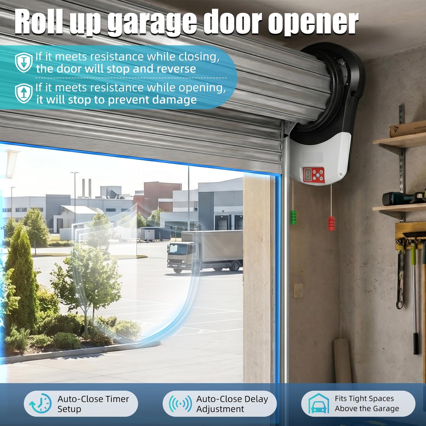 Roll Up Garage Door Opener 800N Heavy Duty, Quiet 24V DC Motor (55dB), Automatic Roller Door Opener with 164ft Remote Control, Easy Side Mount, for Garage, Warehouse & Commercial Use