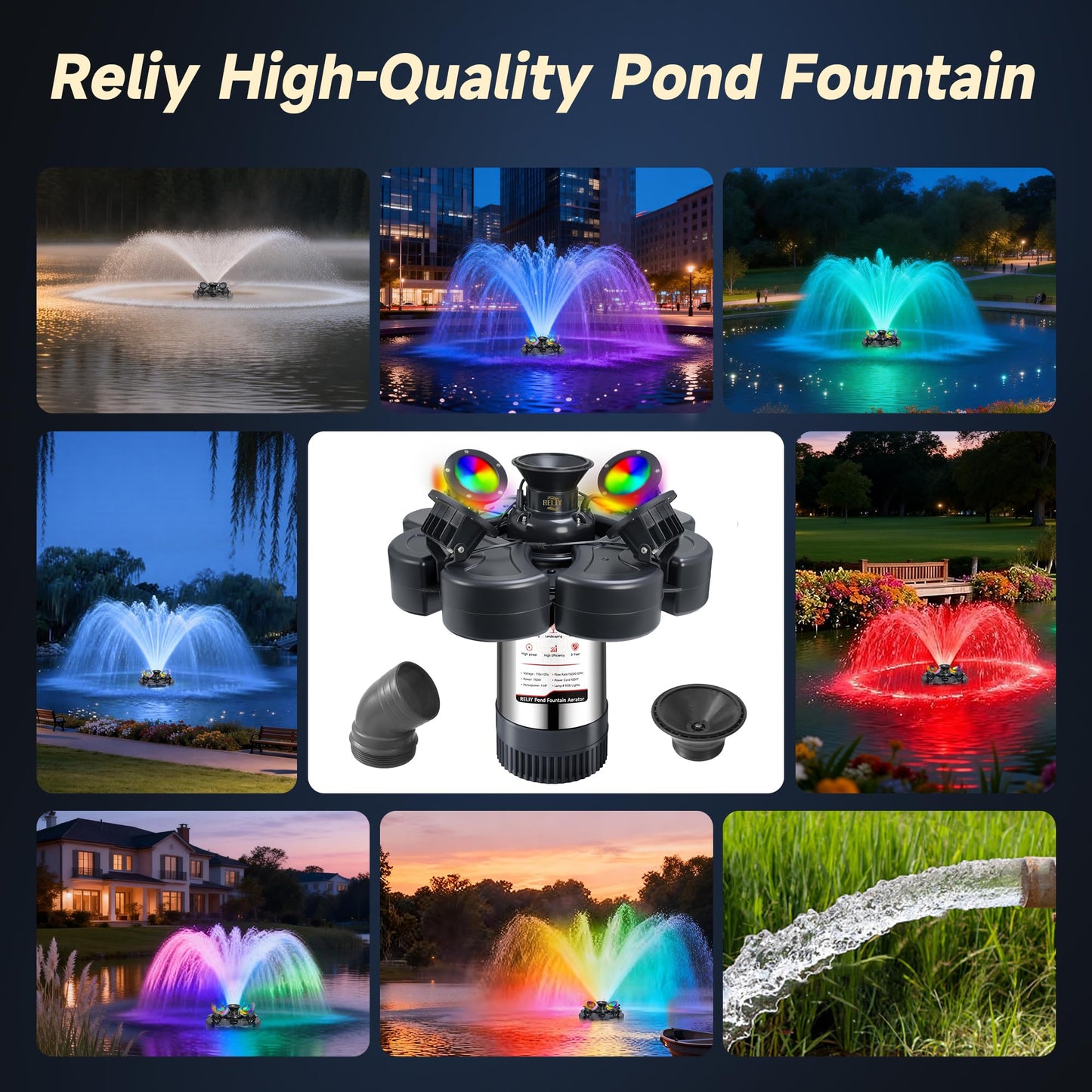 RELIY Pond Fountain Aerator, With 4 RGB Lights 1HP 110V 15000 GPH Stainless Steel Fountain Pump, Fully Automatic Powerful Lake Floating Fountain, 100 FT Power Cord, Programmable Timer Switch