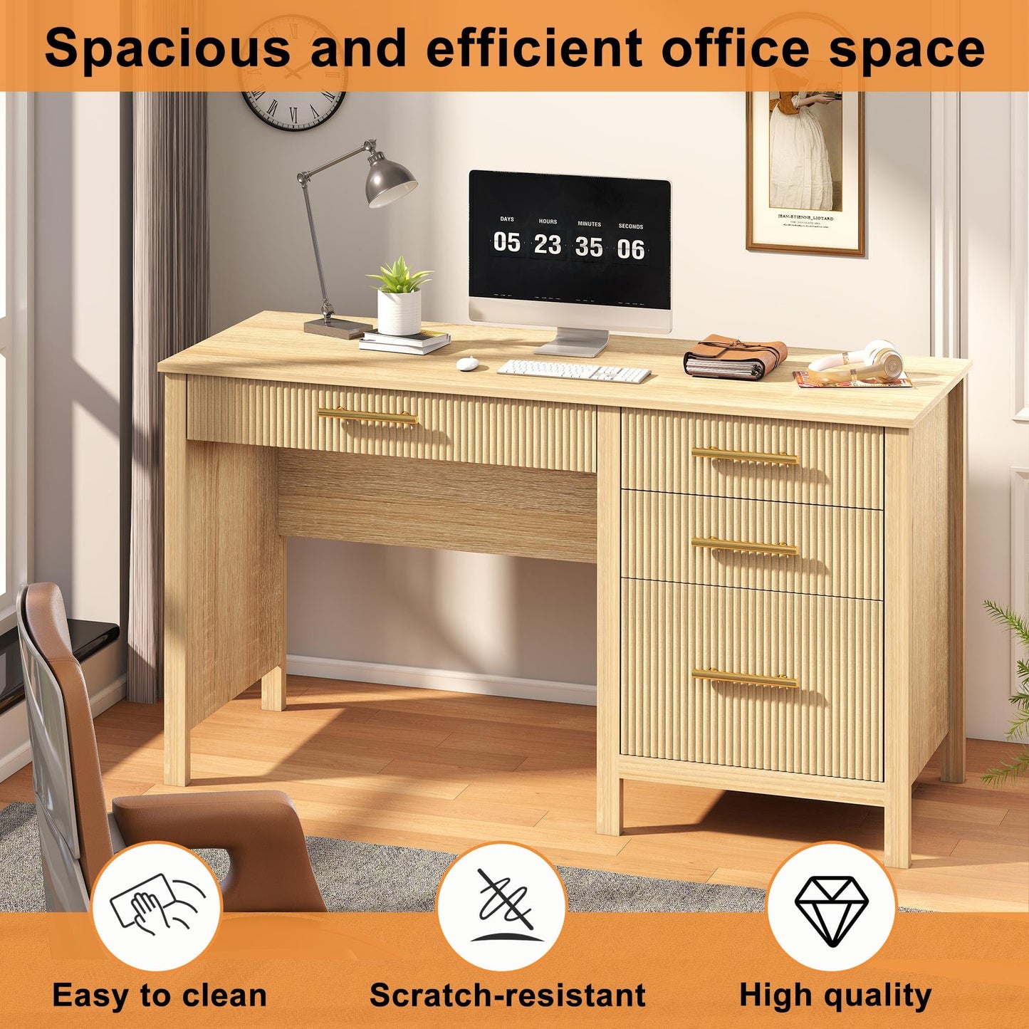 Mhsatyrs Modern Executive Desk with Drawers: 55" Oak Home Office Desks with File Drawers, Fluted Desk with Storage, Wood Computer Desks for Work, Study and Living Room (Oak, 54")