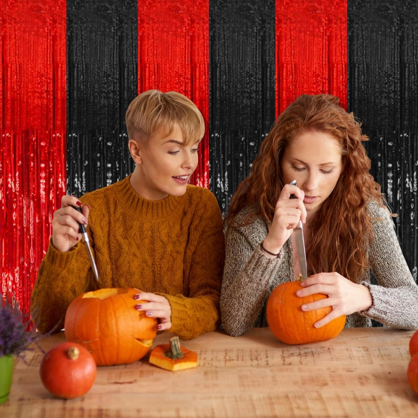 Skiennix 2-Pack Tinsel Curtain Backdrop - Black & Red Foil Fringe for Halloween & Birthday Parties
