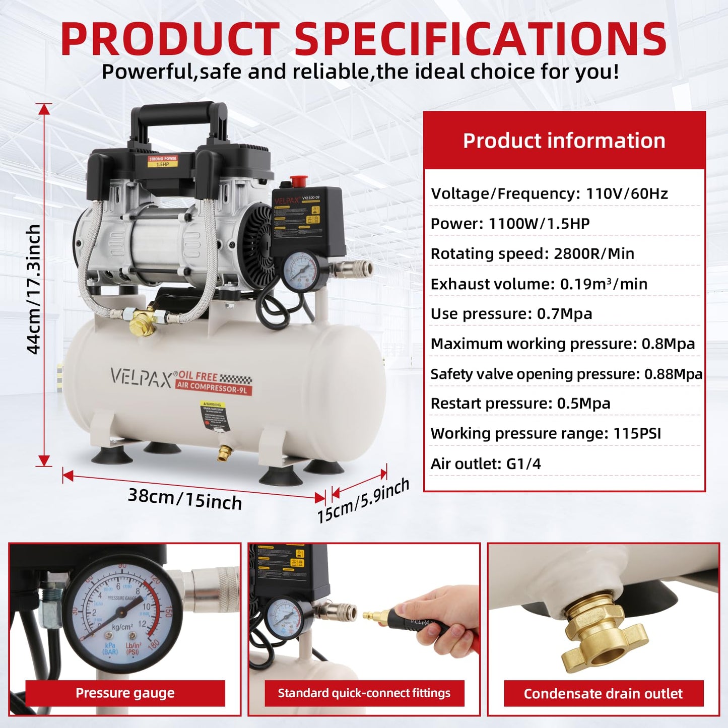 Ultra Quiet Air Compressor, Only 60dB, 2.4 Gallon Tank, Oil-Free, 110V/60Hz 1.5HP, 6.71CFM@115PSI, Air Compressor Perfect for Spray Painting, Auto Repair, Tire inflation, Woodwork nailing
