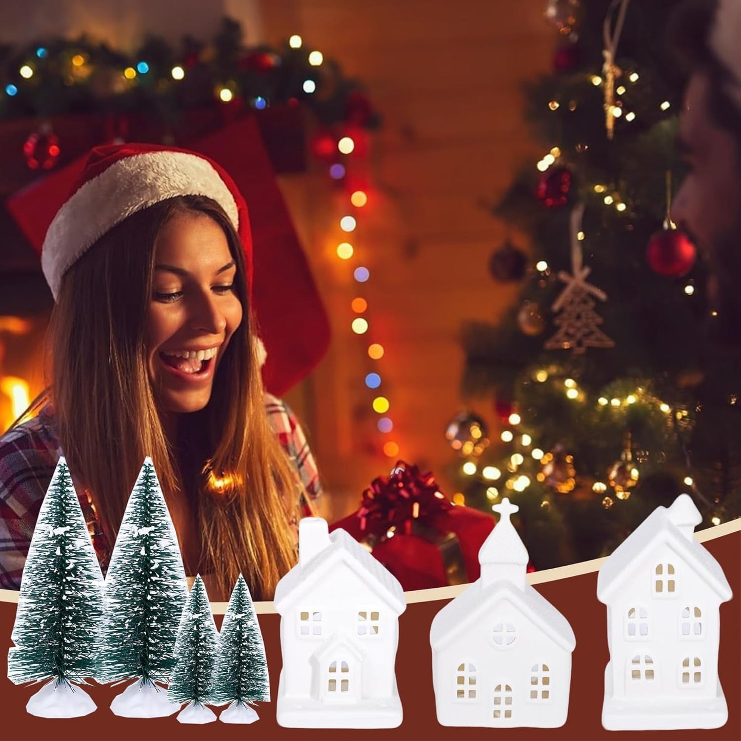 Skiennix 7PCS Christmas Village Set - LED Lighted Ceramic Houses & Decorative Trees | Remote Control Candles