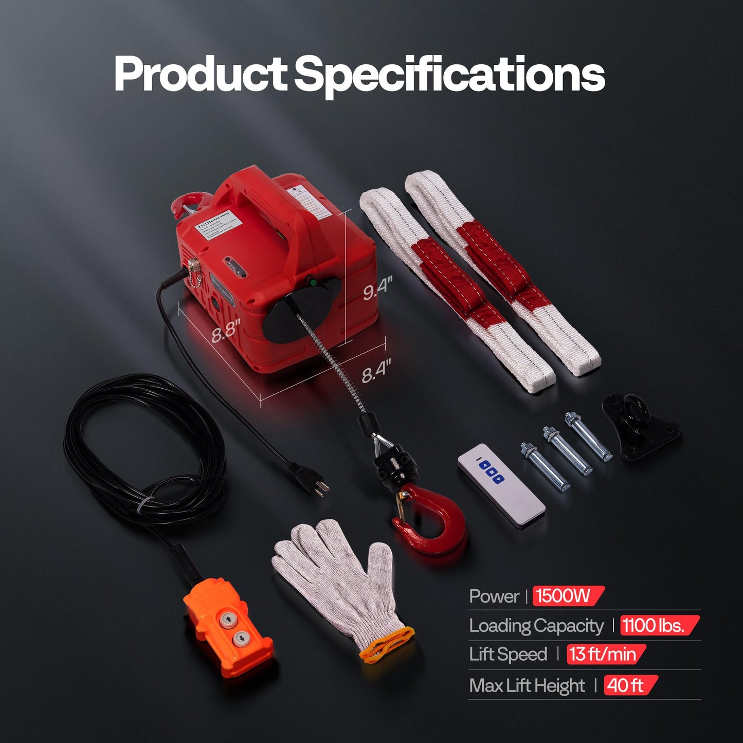 VIVOHOME 3-in-1 Electric Hoist Winch 1100lbs, 110V Portable Power Winch Crane with Wire and Wireless Remote Control, 40ft Lifting Height for Towing, Overload Protection for Garage, Factory, Warehouse