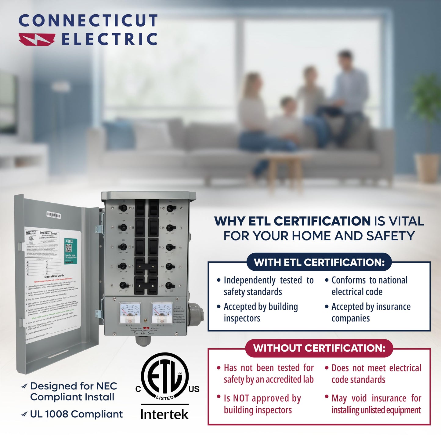 Connecticut Electric Series 2 Backup Power Manual Transfer Switch Kit, 50 Amp, 10 Circuits, with 25' Cord & Outdoor Rated 50A Inlet (Transfer Switch Kit - 25 ft Cord)