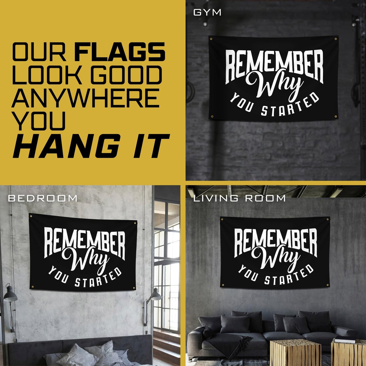 Gold Trident Flags Remember Why You Started Motivational Gym Banner – Discipline Poster for Gym, Dorm, Home Workout Space – Cool Fitness Wall Decor – Durable Polyester, Double Stitched Flag – 3x5 Feet