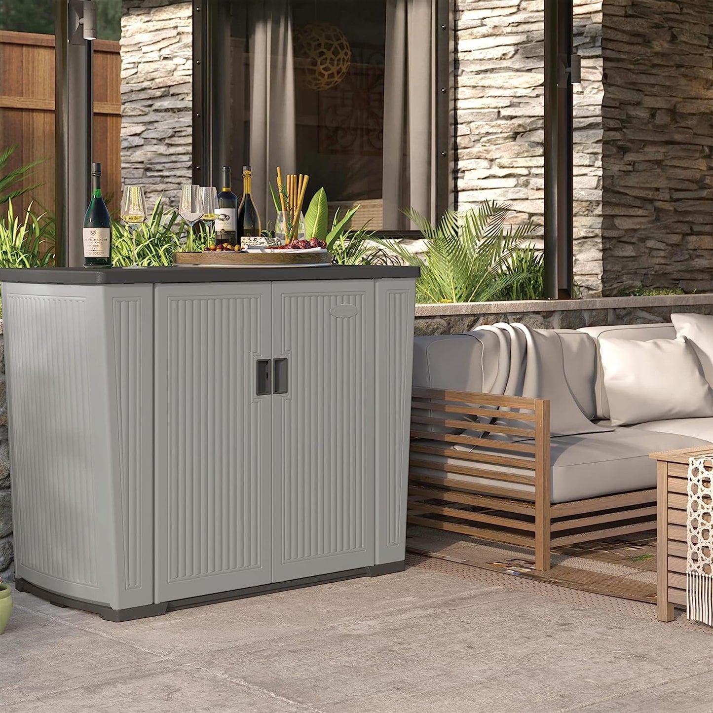 Suncast 130-Gallon Backyard Oasis Basic Unit Lockable Outdoor Storage Cabinet, Peppercorn, Made in The USA